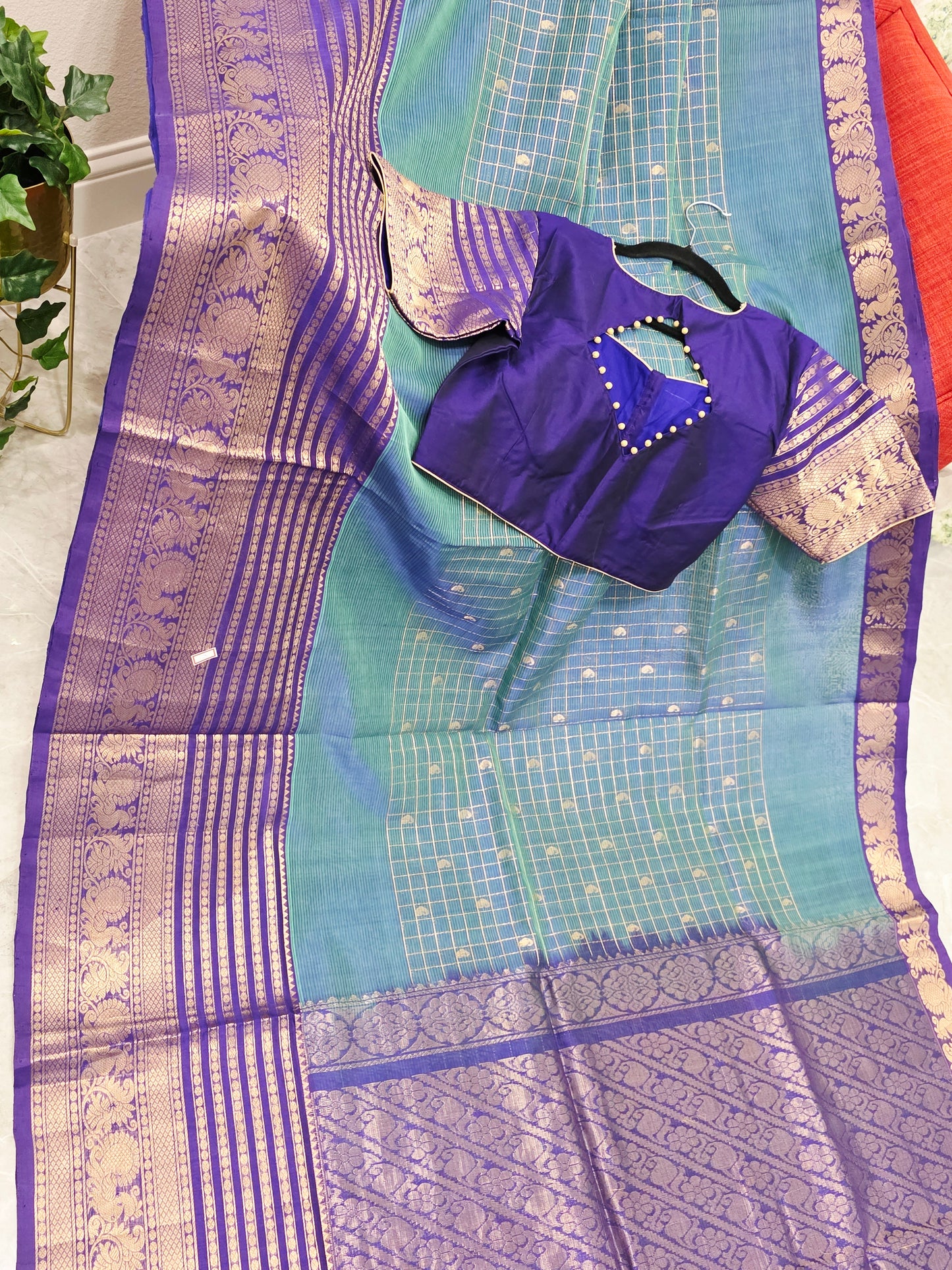 Mangalagiri Pattu Checks Teal Blue Saree with Purple Zari Border & Stitched Blouse