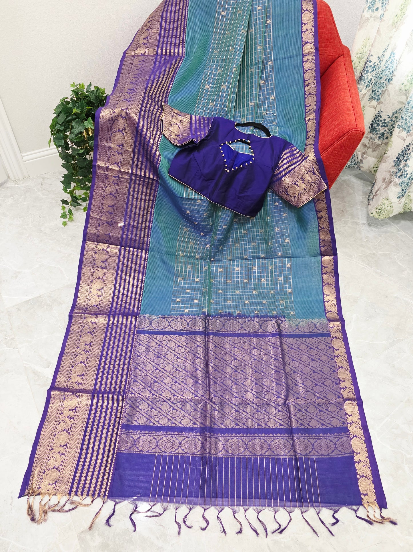 Mangalagiri Pattu Checks Teal Blue Saree with Purple Zari Border & Stitched Blouse