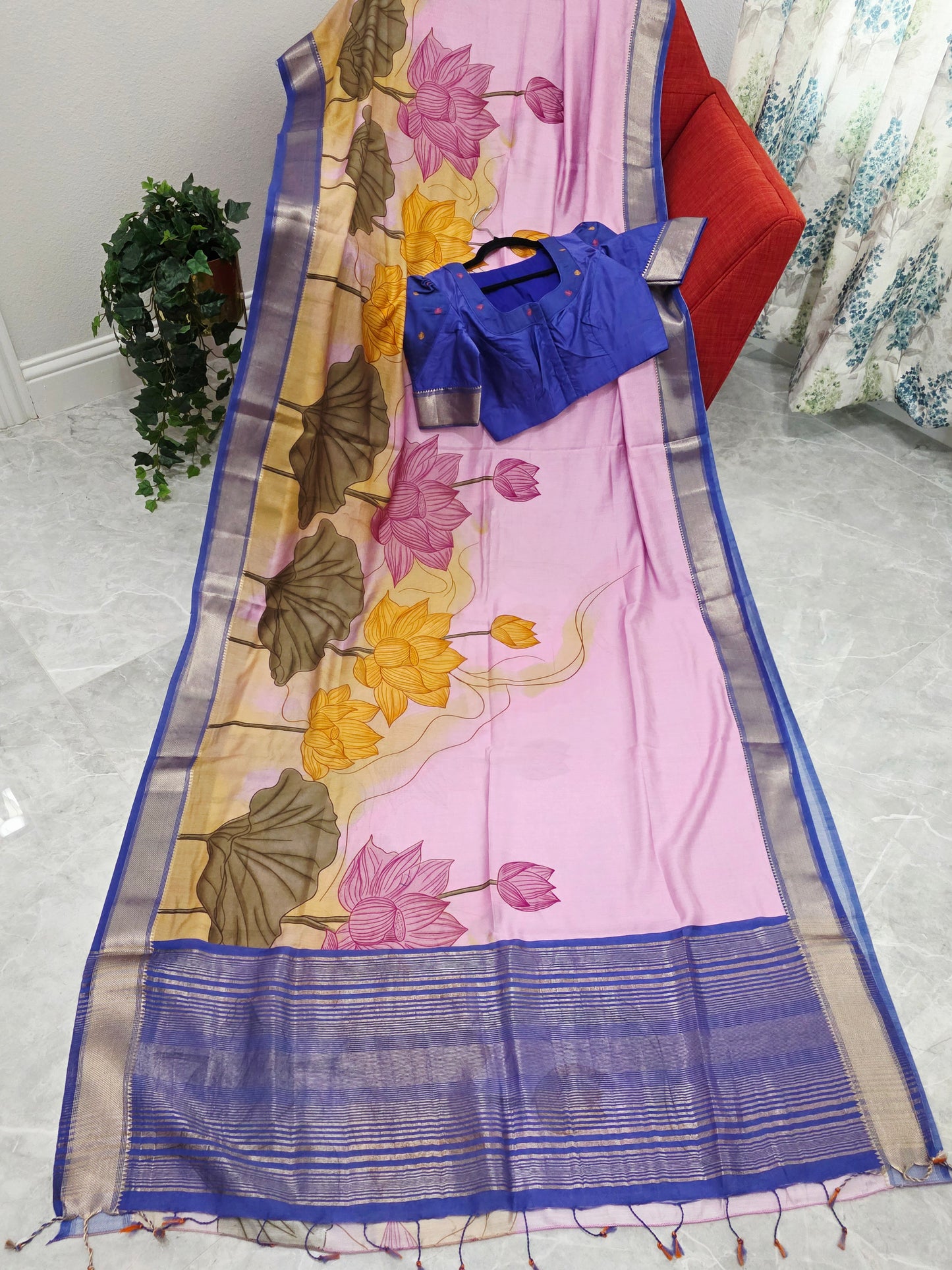 Lotus Print Ruby Silk Saree with Contrast Border & Stitched Blouse