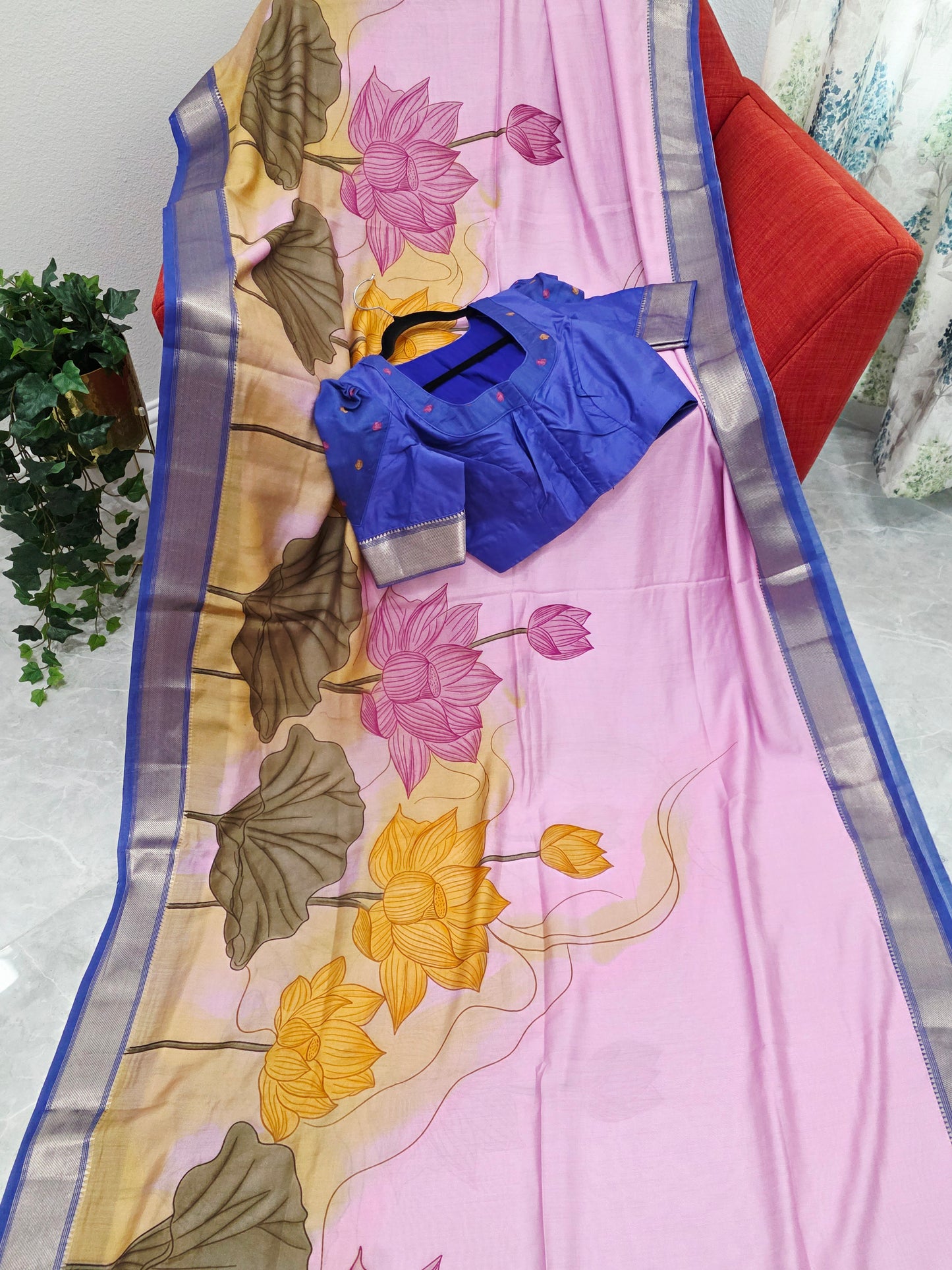 Lotus Print Ruby Silk Saree with Contrast Border & Stitched Blouse