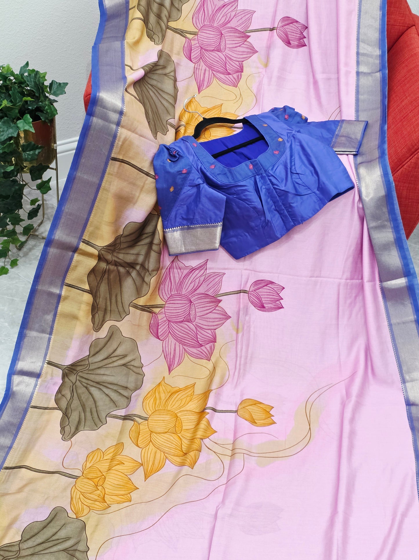 Lotus Print Ruby Silk Saree with Contrast Border & Stitched Blouse