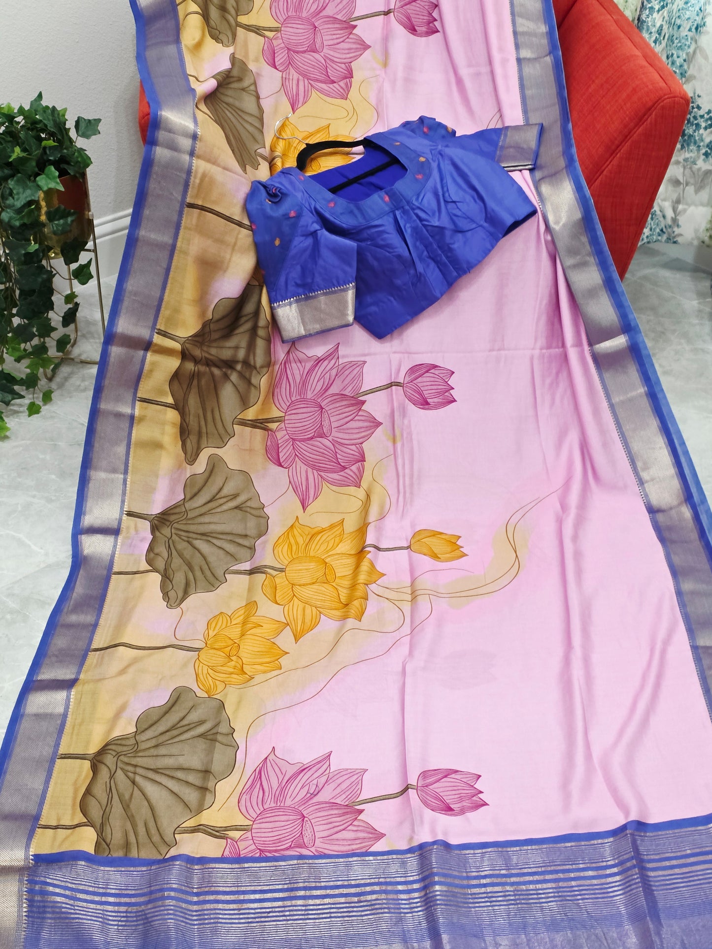 Lotus Print Ruby Silk Saree with Contrast Border & Stitched Blouse