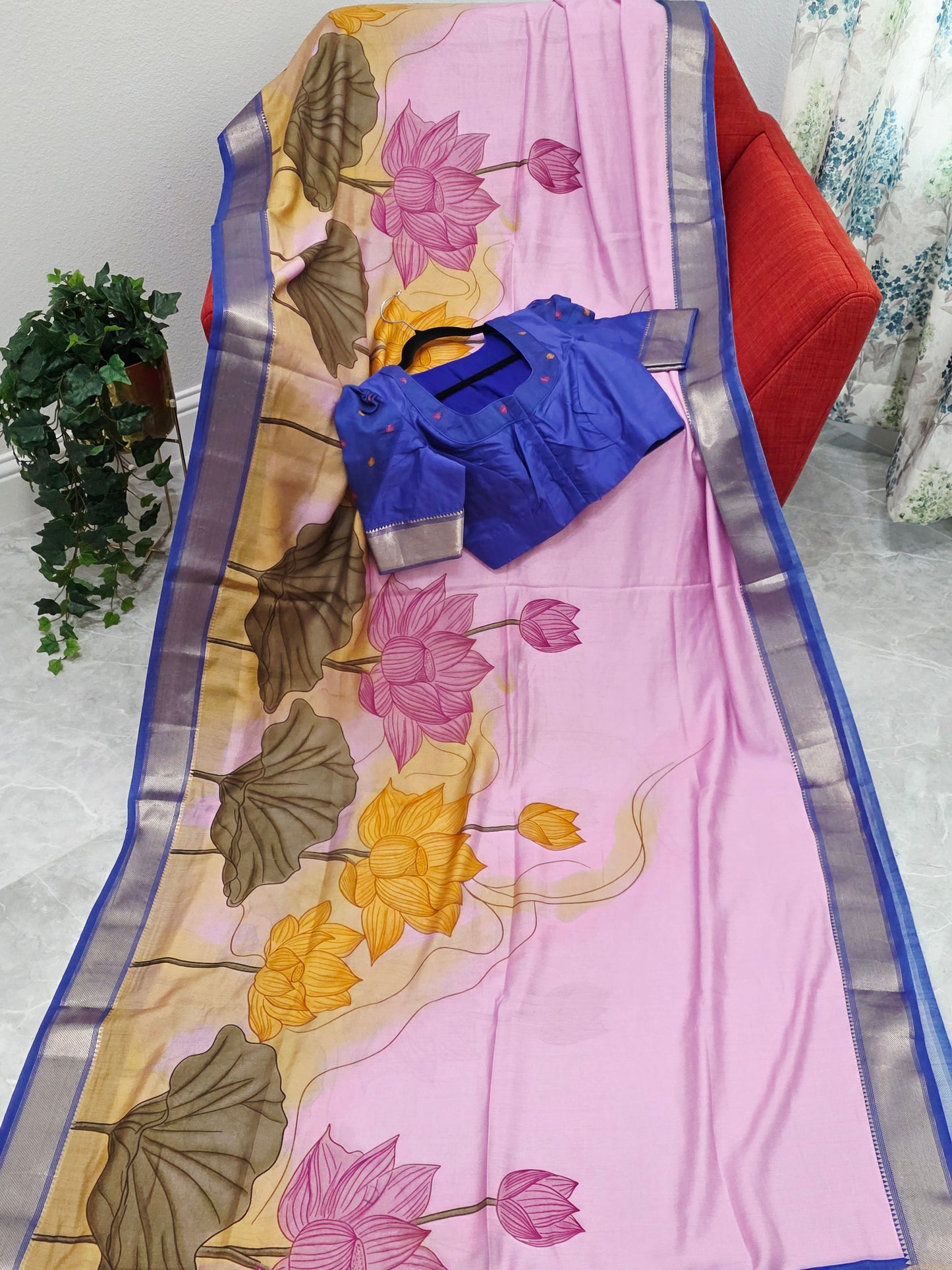 Lotus Print Ruby Silk Saree with Contrast Border & Stitched Blouse
