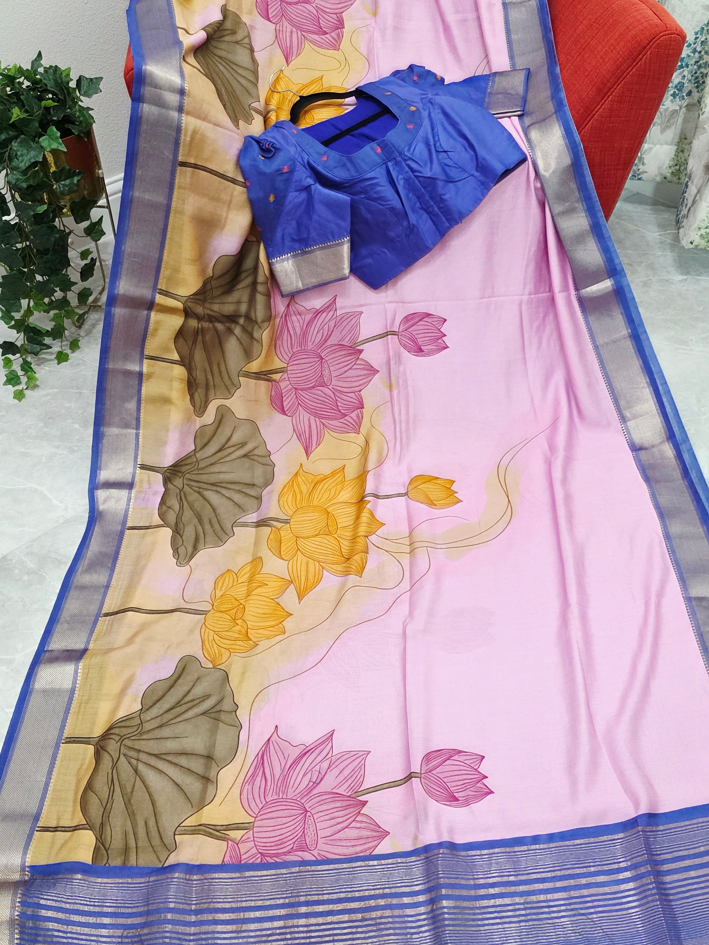 Lotus Print Ruby Silk Saree with Contrast Border & Stitched Blouse