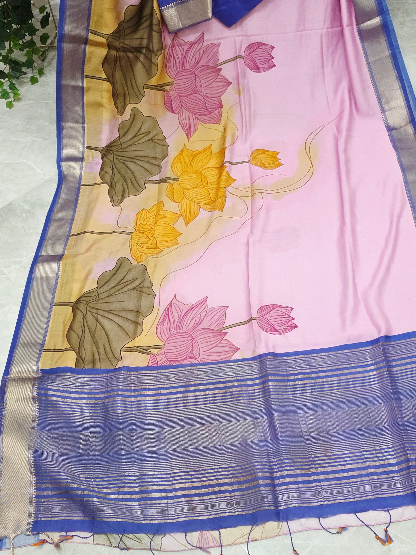 Lotus Print Ruby Silk Saree with Contrast Border & Stitched Blouse