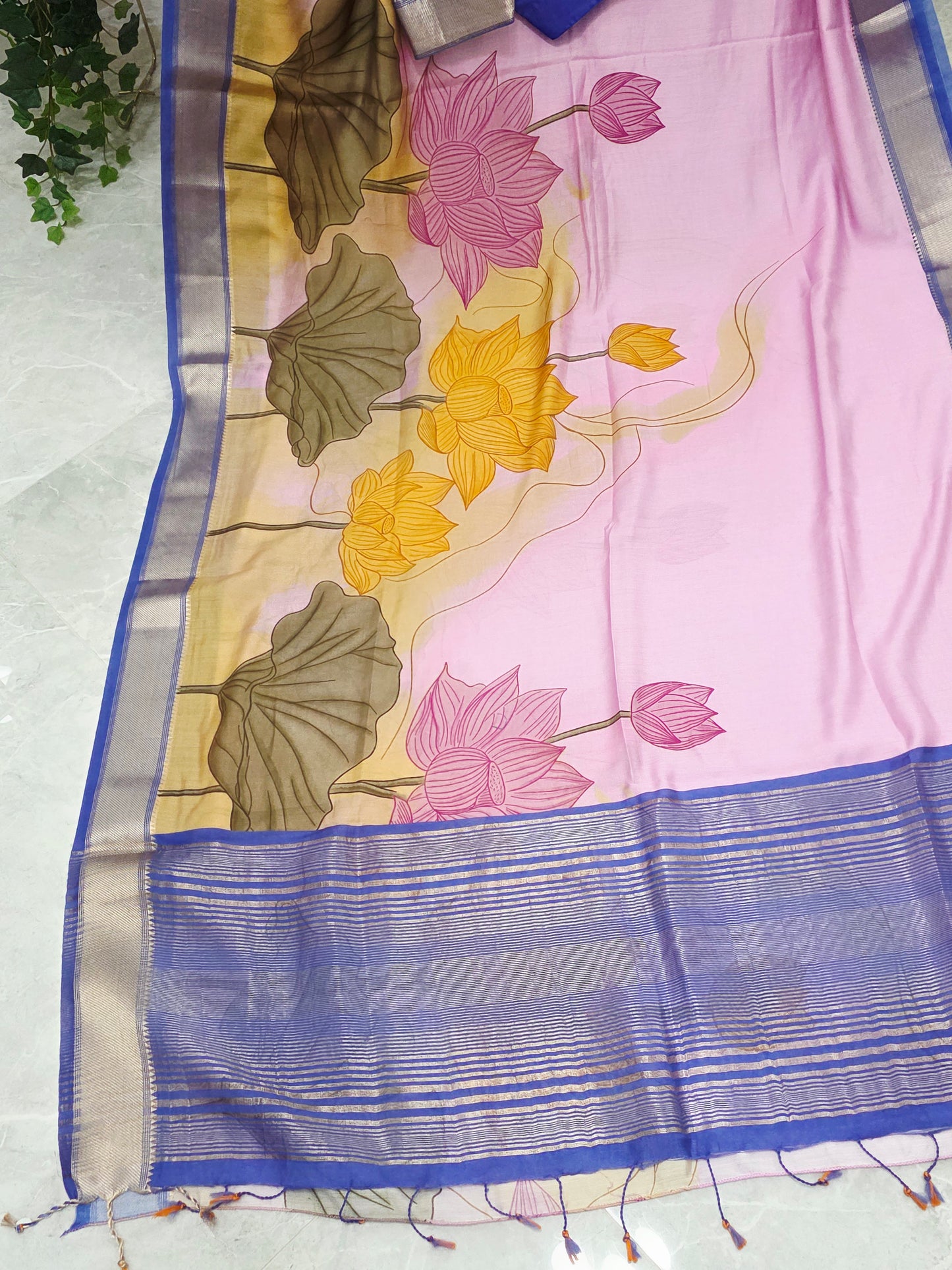 Lotus Print Ruby Silk Saree with Contrast Border & Stitched Blouse