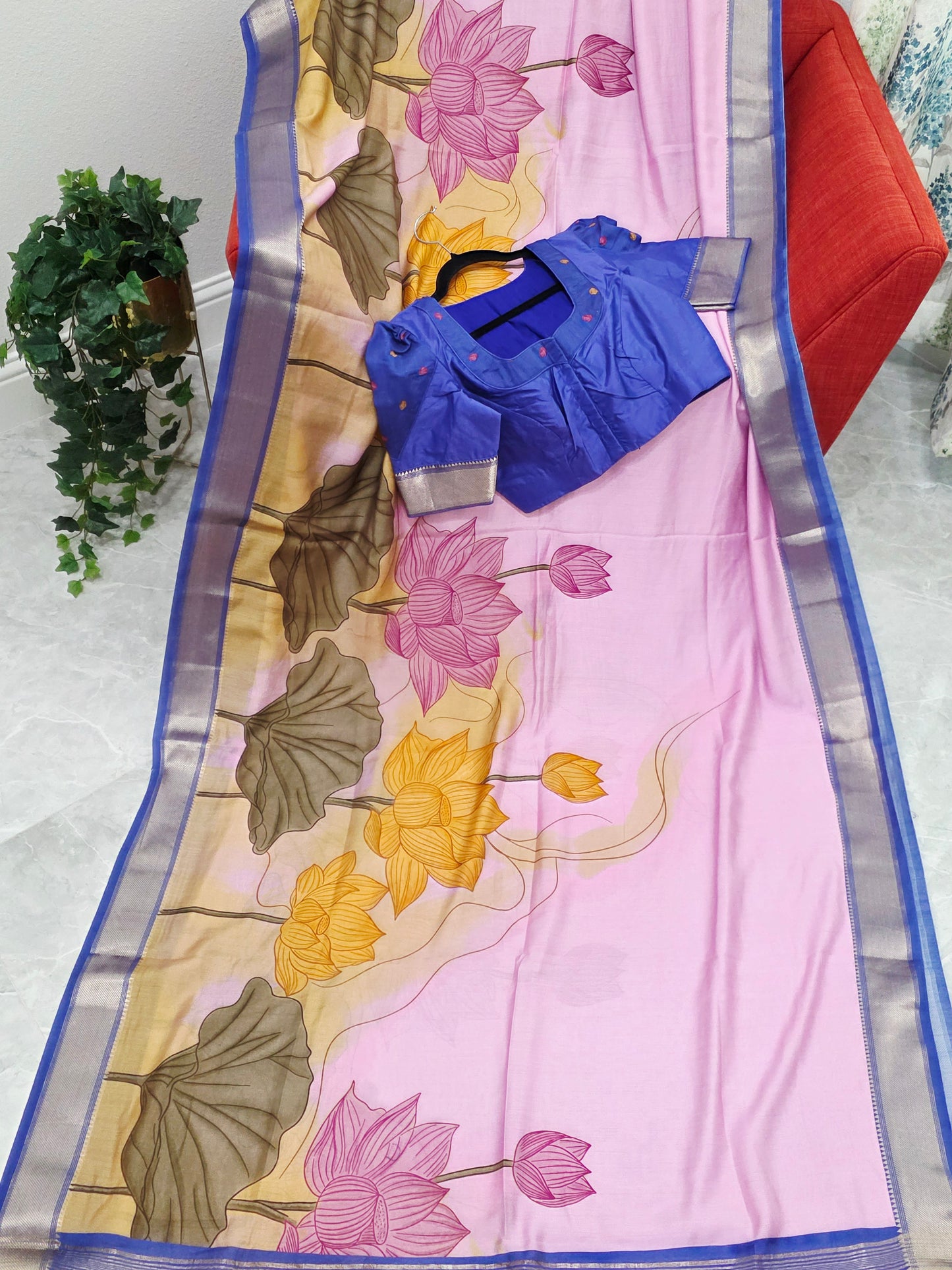 Lotus Print Ruby Silk Saree with Contrast Border & Stitched Blouse