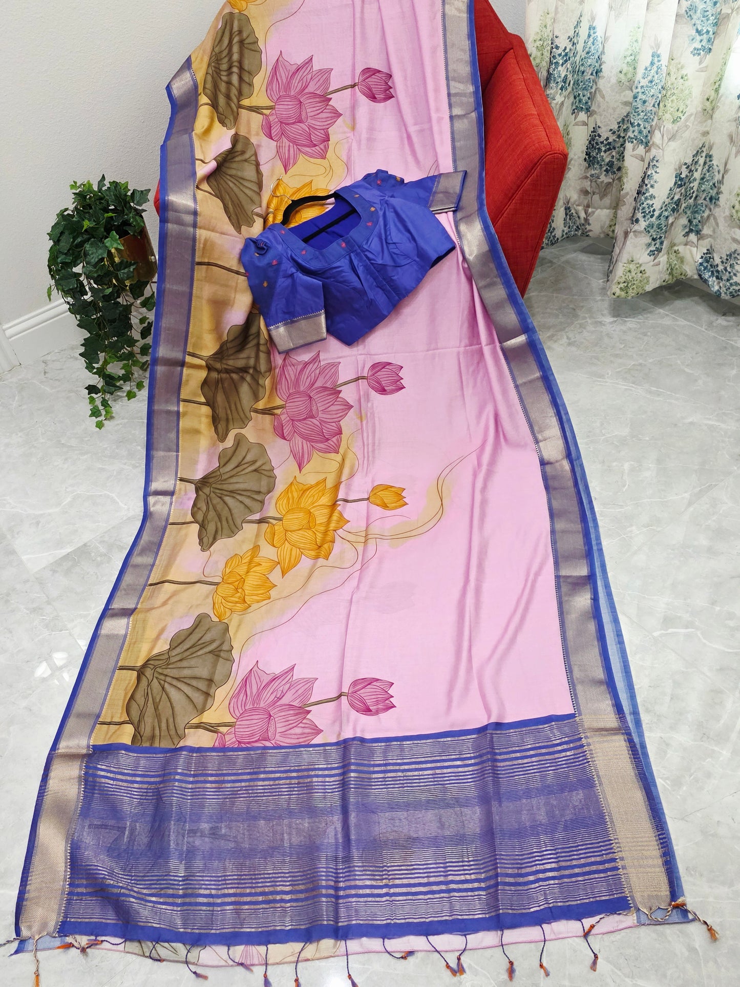 Lotus Print Ruby Silk Saree with Contrast Border & Stitched Blouse