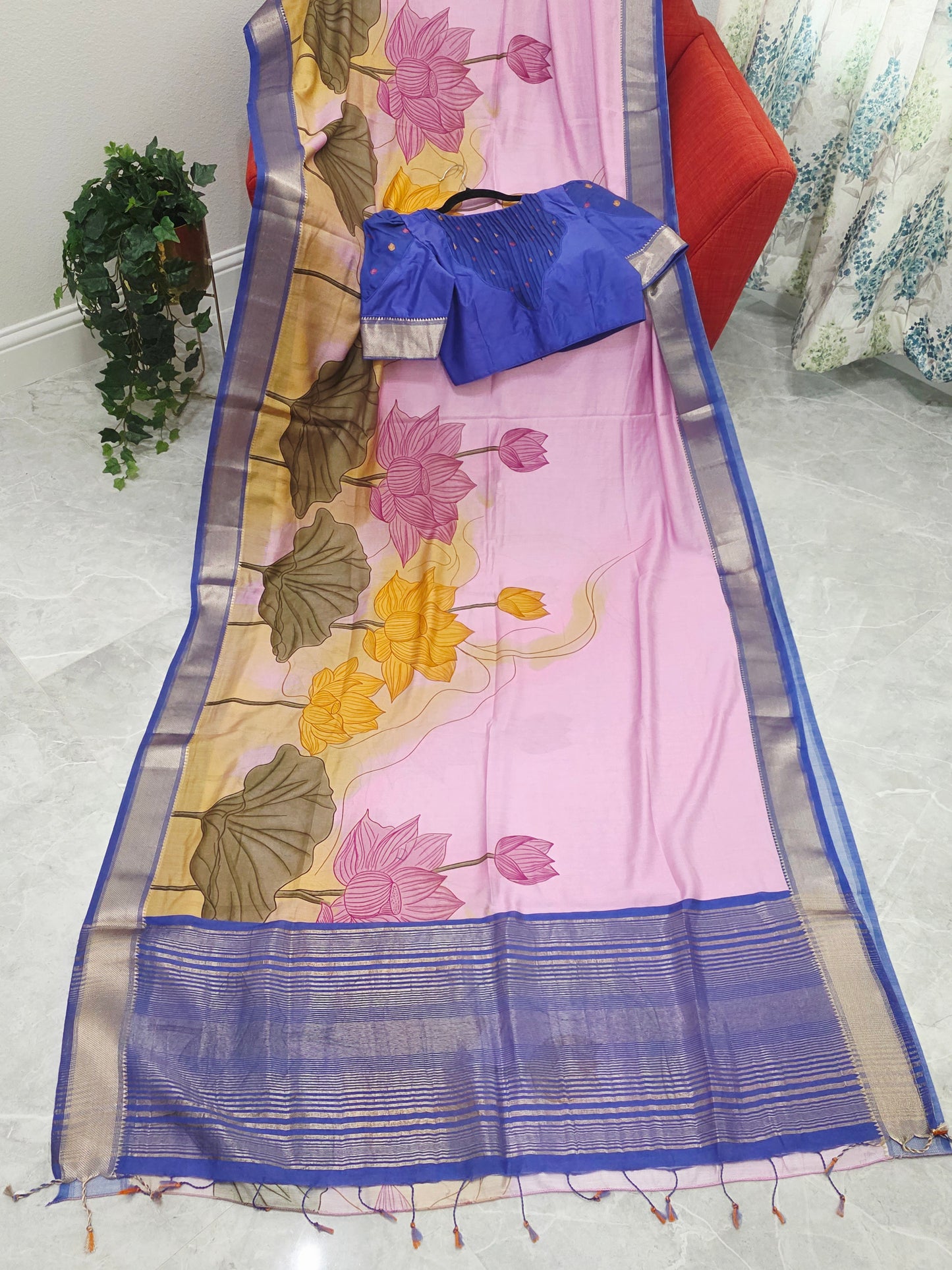 Lotus Print Ruby Silk Saree with Contrast Border & Stitched Blouse