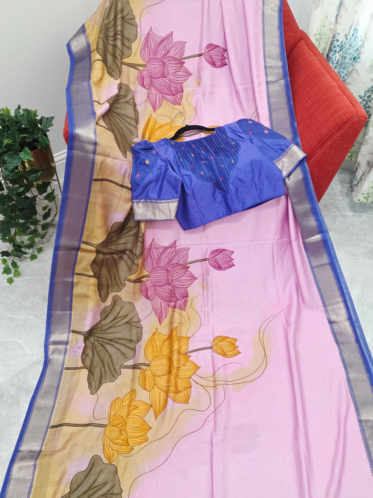 Lotus Print Ruby Silk Saree with Contrast Border & Stitched Blouse