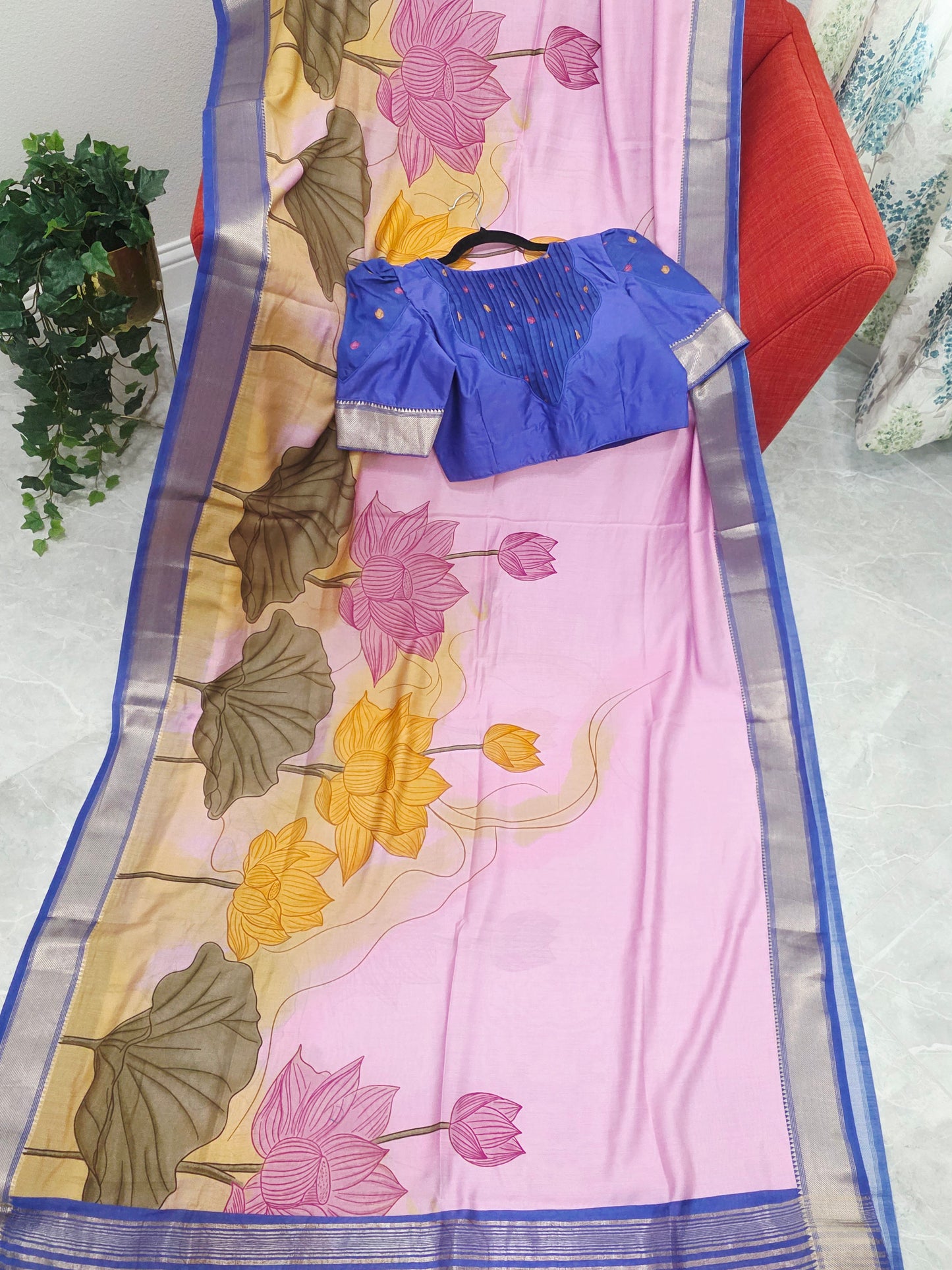 Lotus Print Ruby Silk Saree with Contrast Border & Stitched Blouse