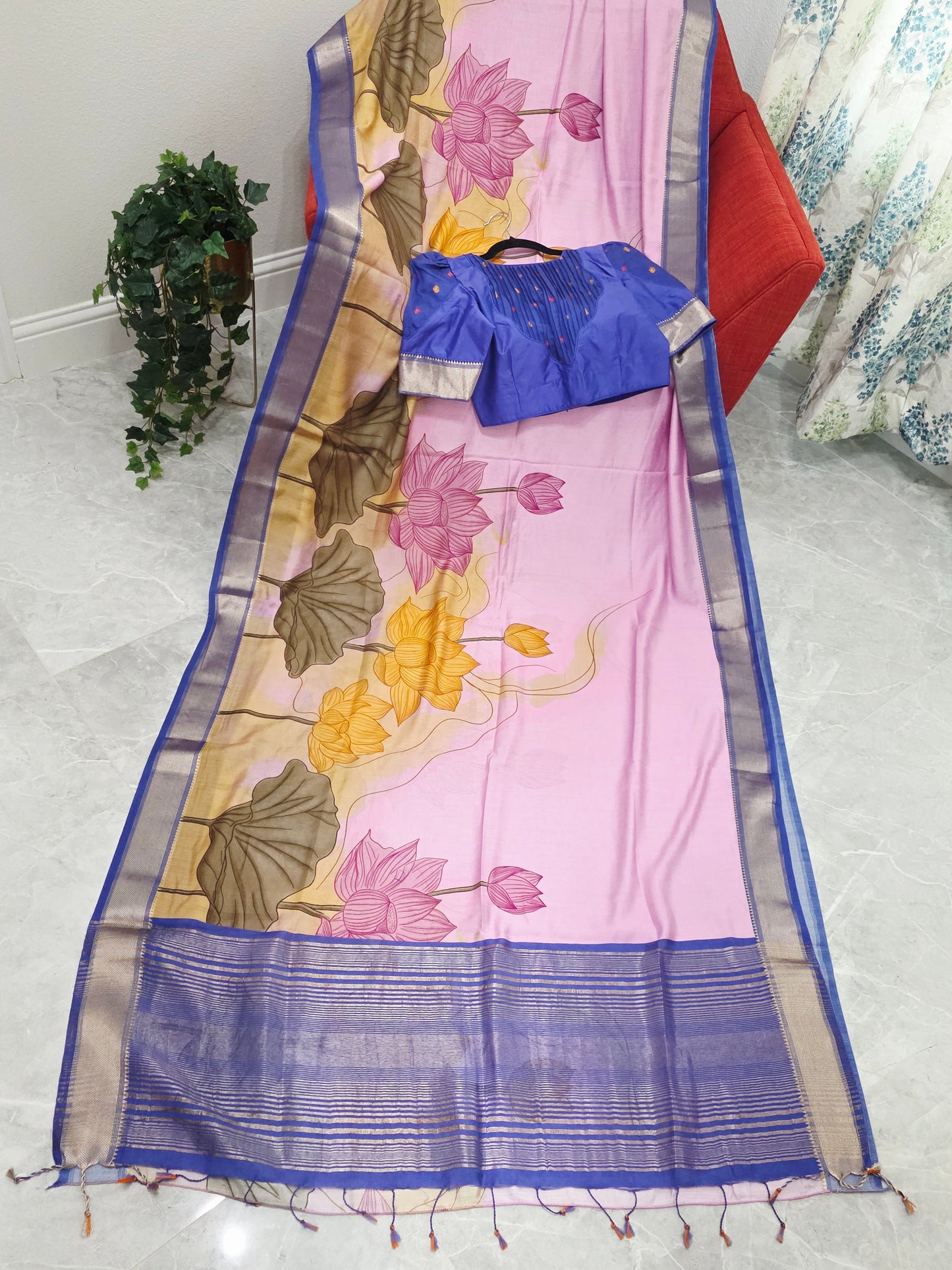 Lotus Print Ruby Silk Saree with Contrast Border & Stitched Blouse