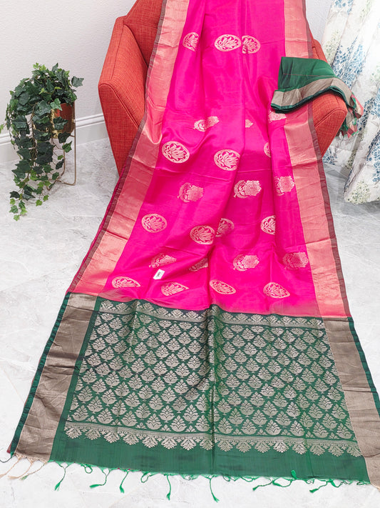 Pink Semi Kanchi Soft Silk Saree with Green Zari Pallu