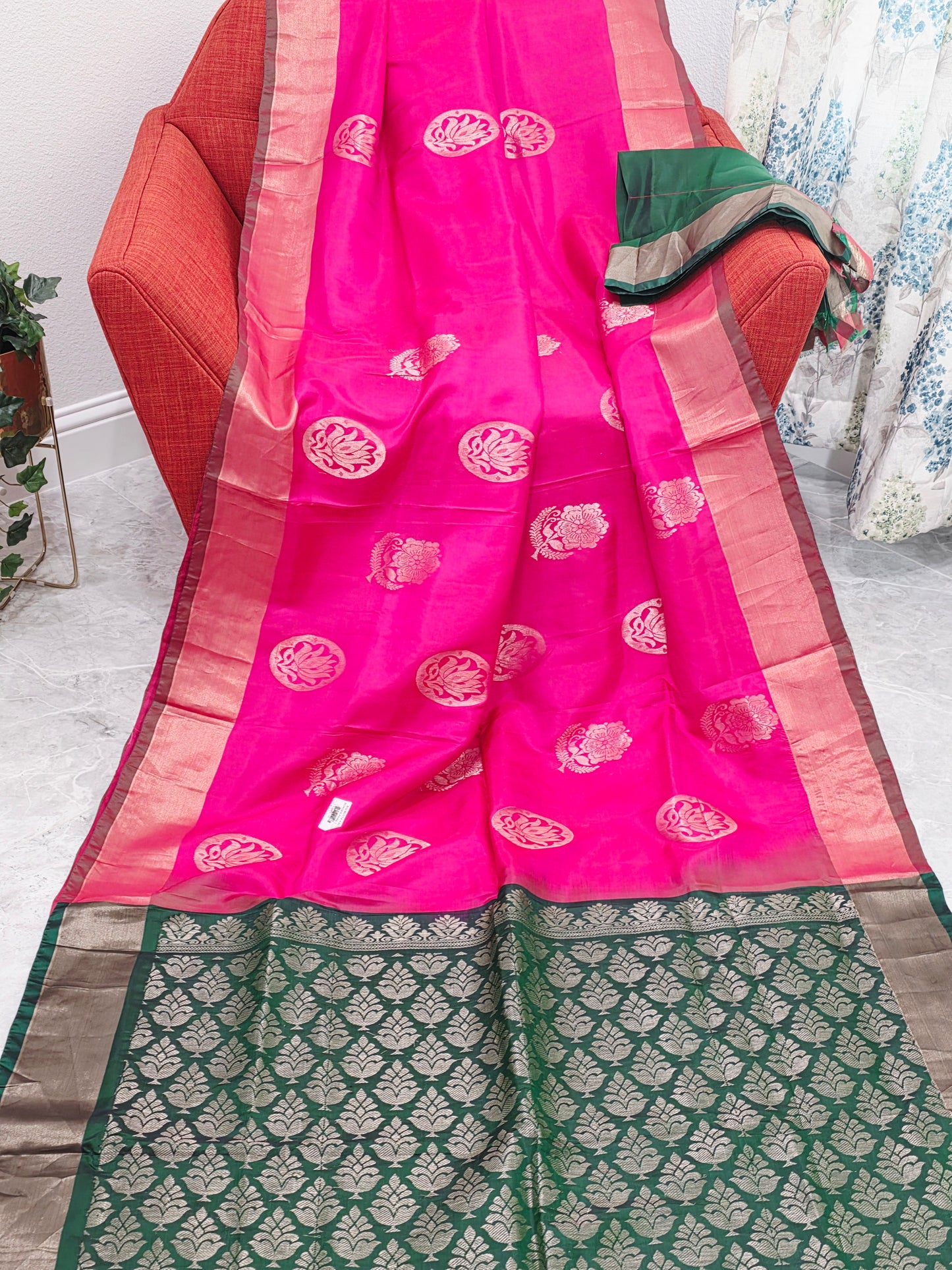 Pink Semi Kanchi Soft Silk Saree with Green Zari Pallu