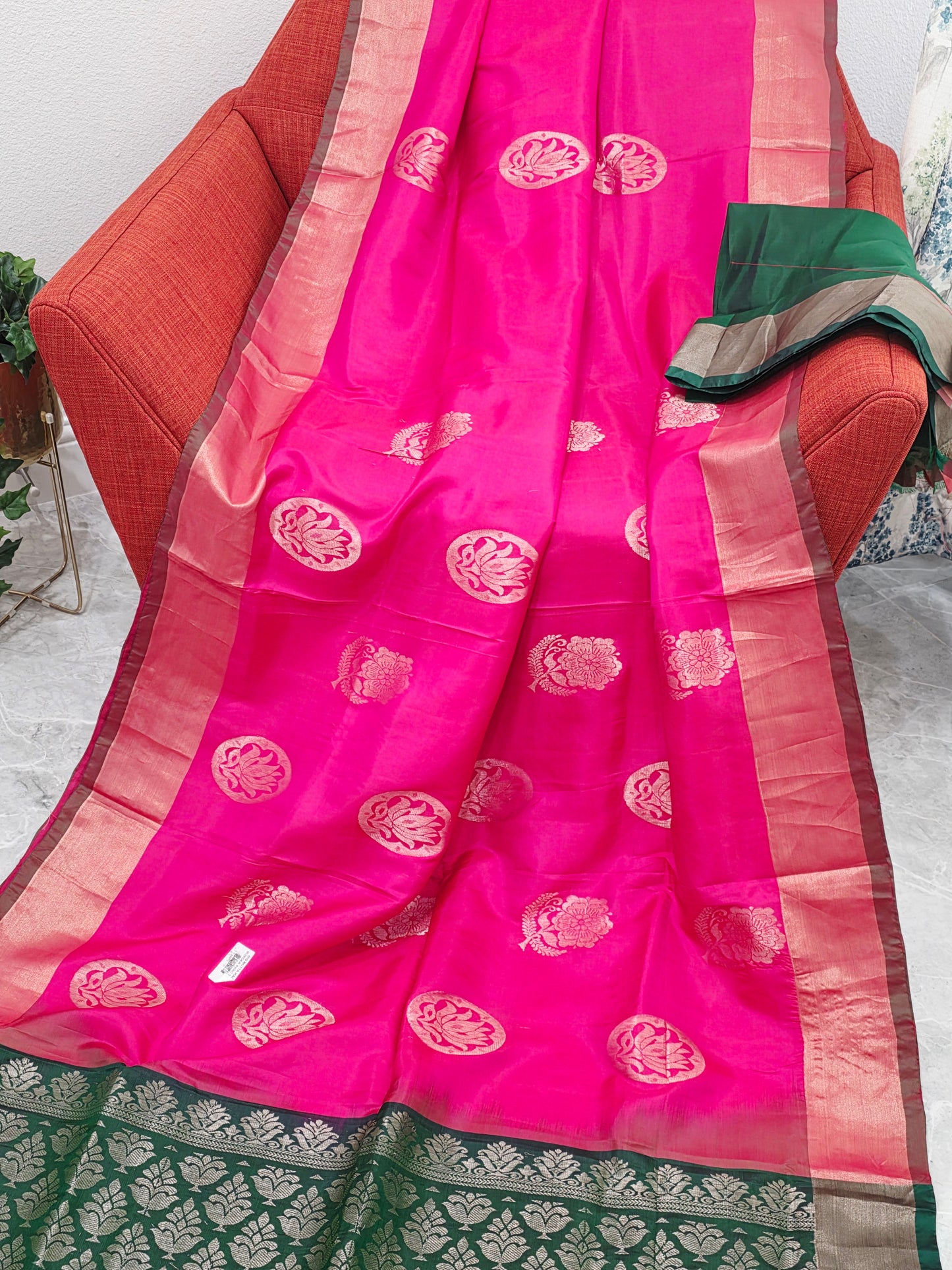 Pink Semi Kanchi Soft Silk Saree with Green Zari Pallu