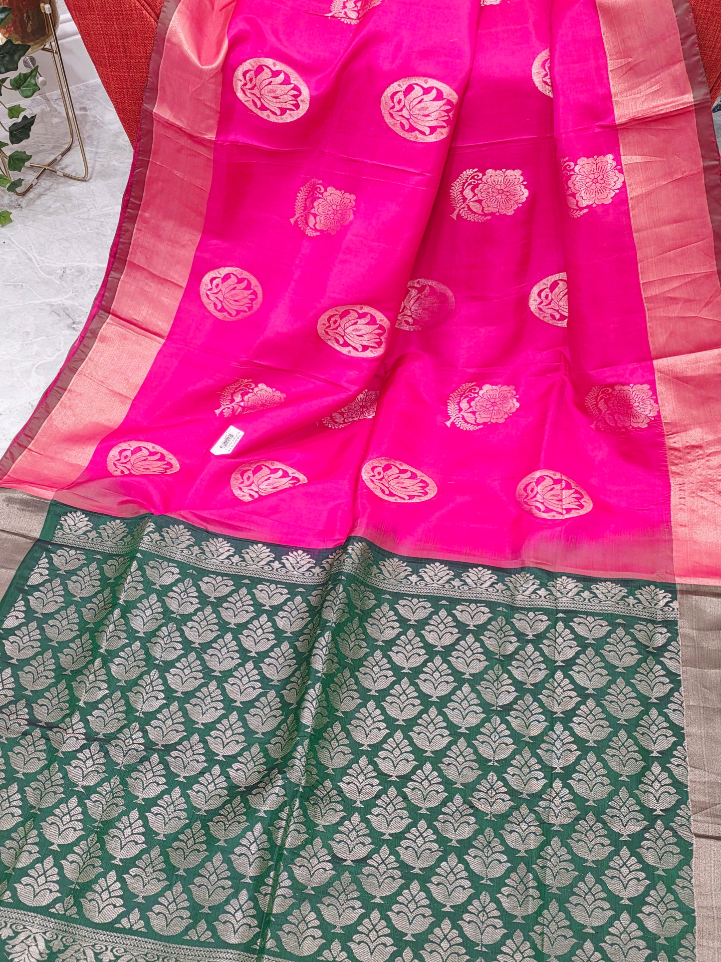 Pink Semi Kanchi Soft Silk Saree with Green Zari Pallu