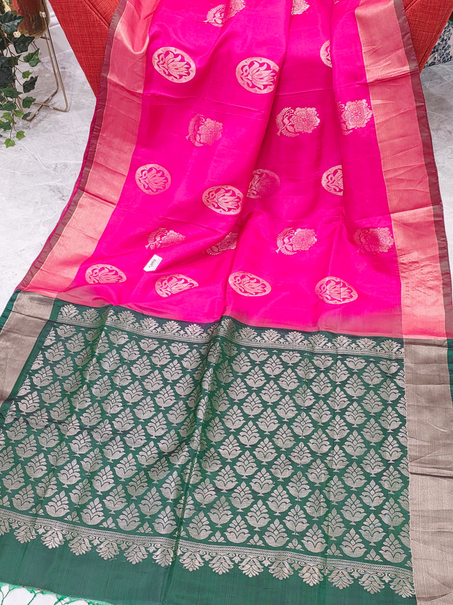 Pink Semi Kanchi Soft Silk Saree with Green Zari Pallu