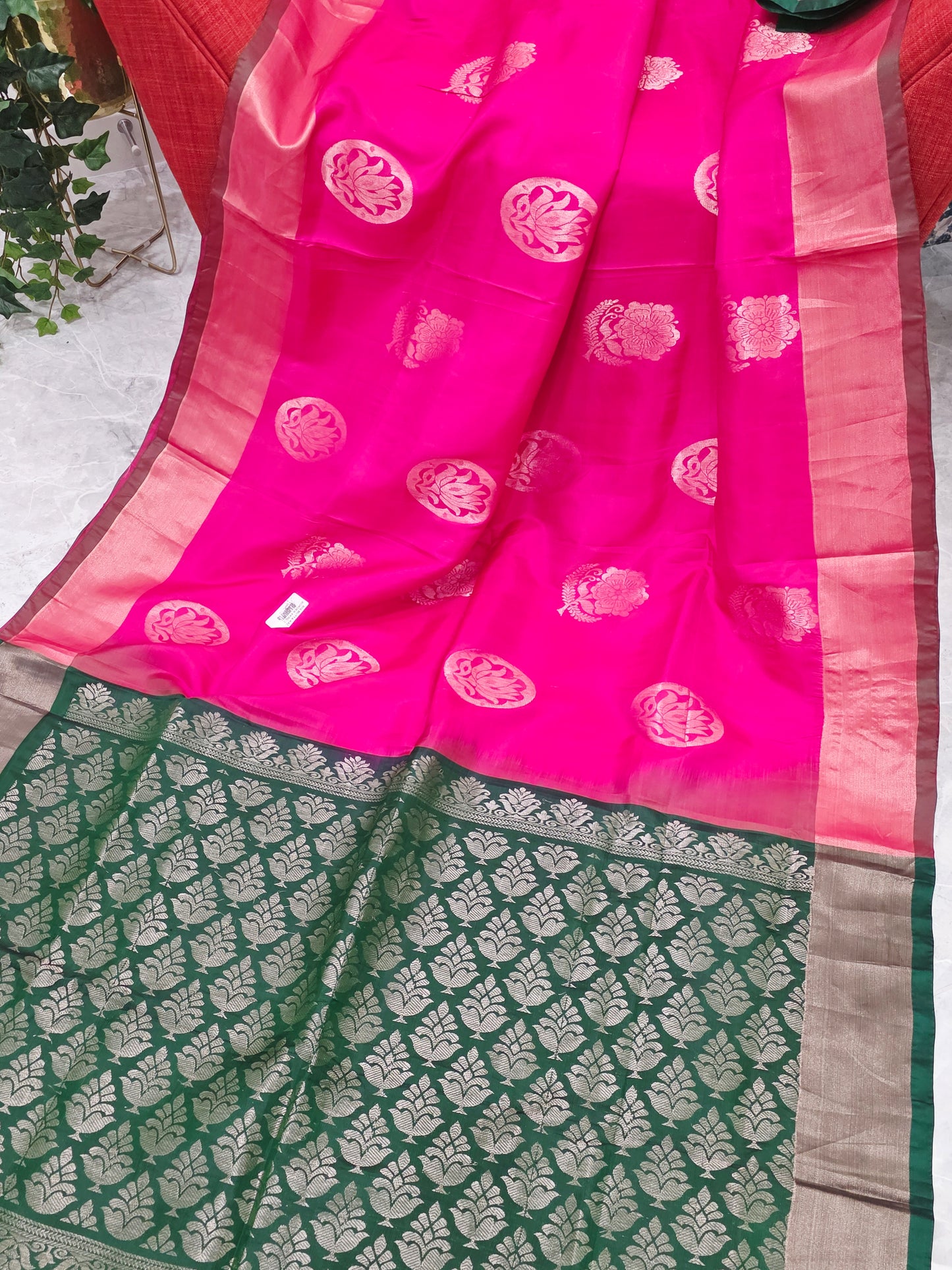 Pink Semi Kanchi Soft Silk Saree with Green Zari Pallu
