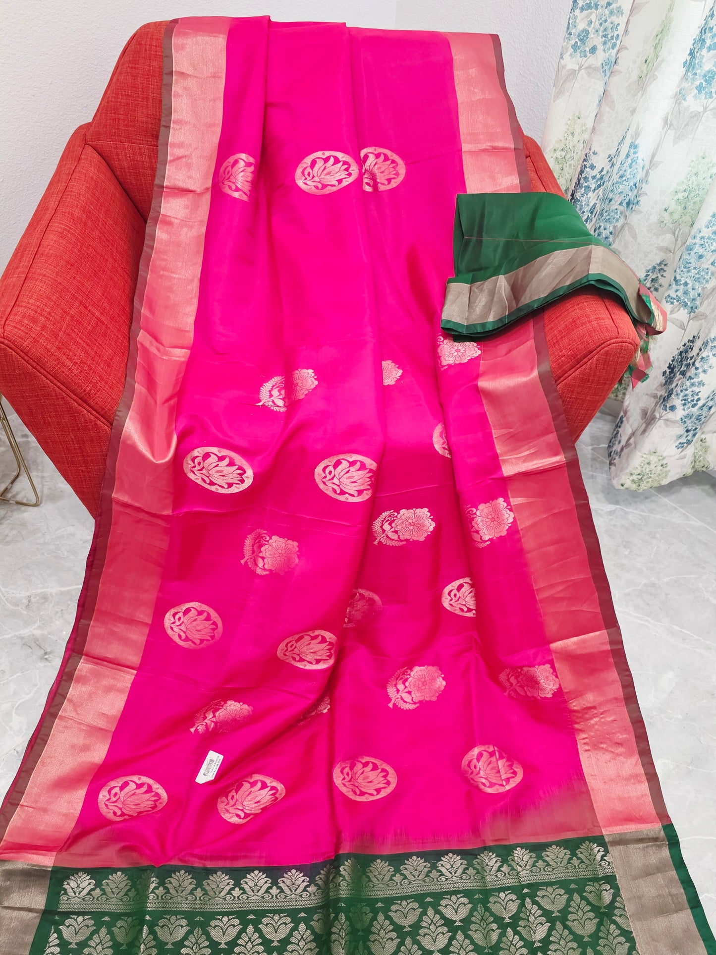 Pink Semi Kanchi Soft Silk Saree with Green Zari Pallu