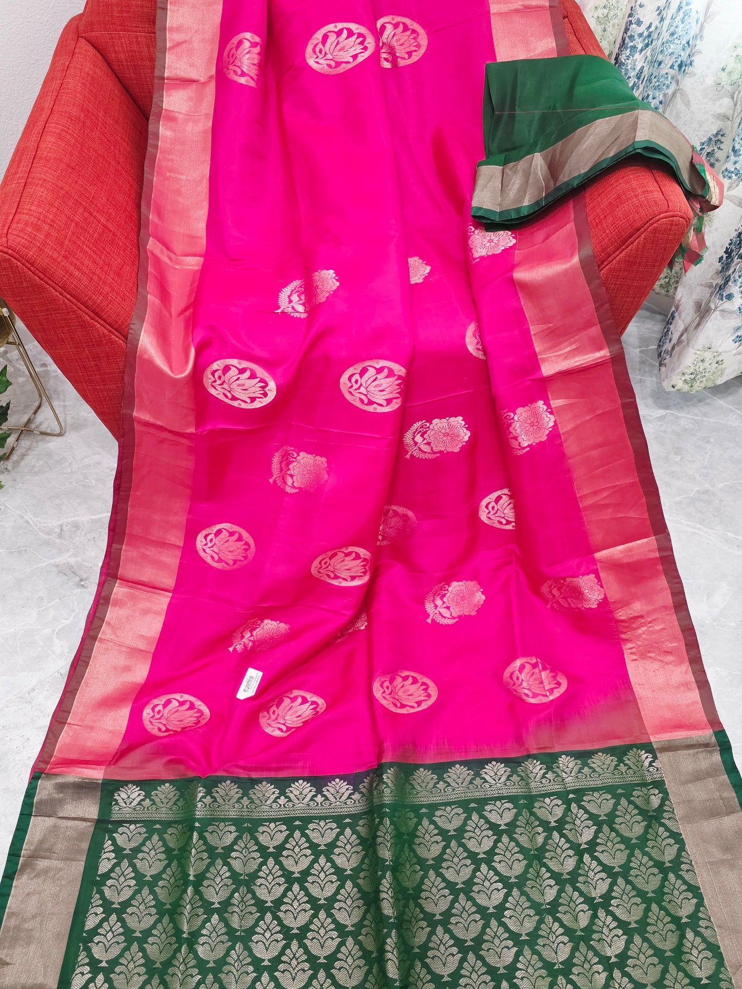 Pink Semi Kanchi Soft Silk Saree with Green Zari Pallu