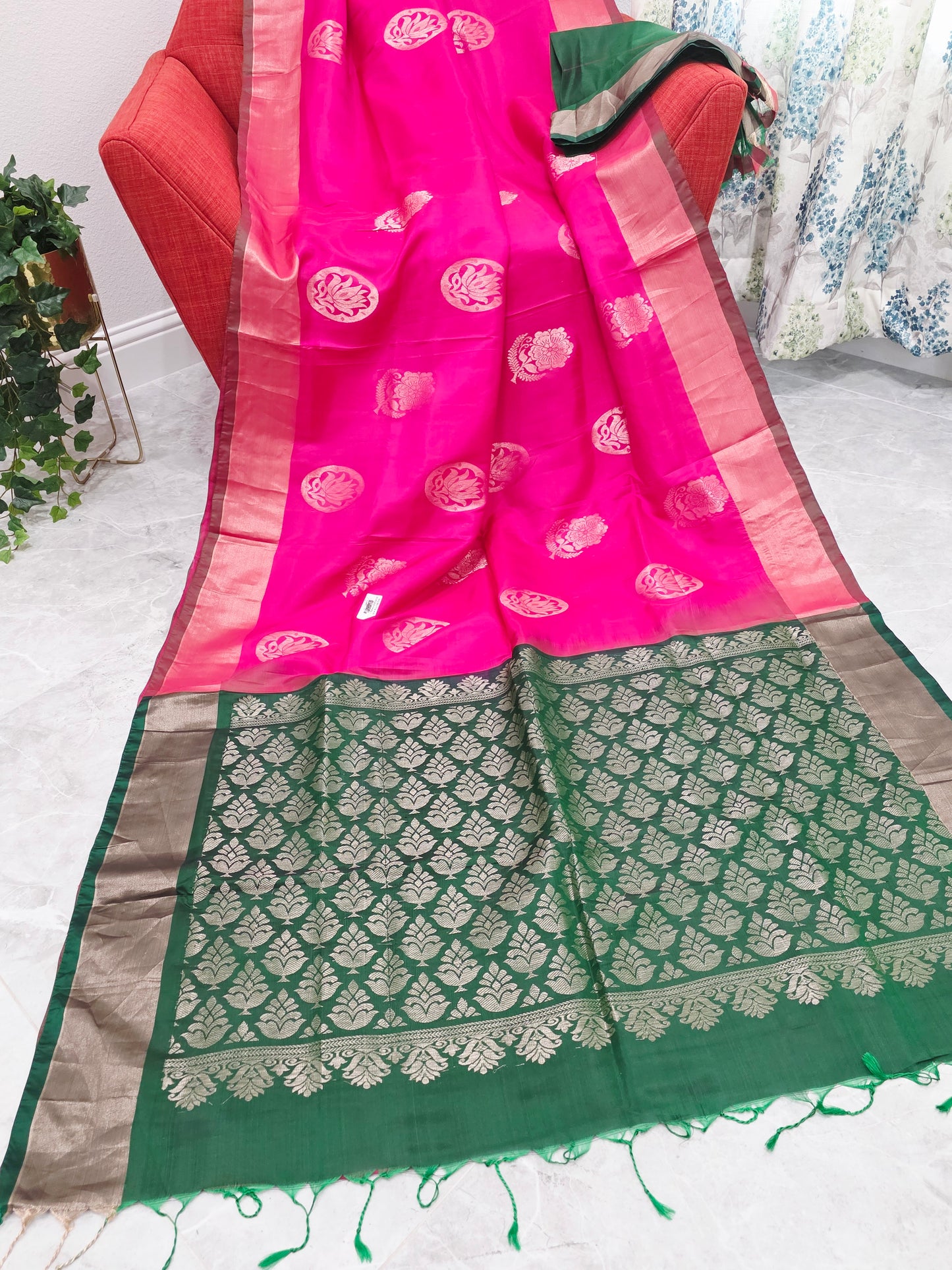Pink Semi Kanchi Soft Silk Saree with Green Zari Pallu