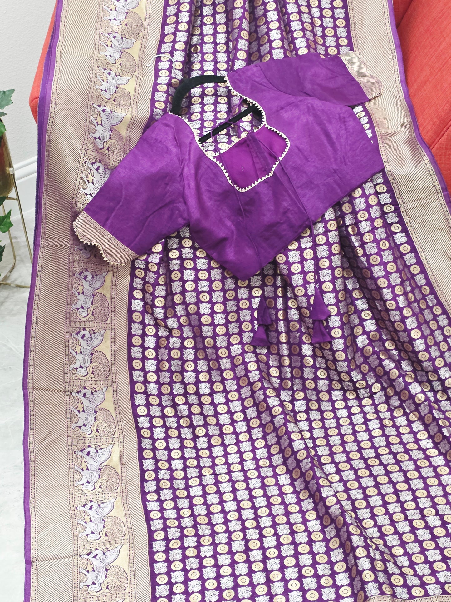 All-Over Peacock Butta Munga Crepe Silk Saree with Horse Woven Border | Purple | Stitched Blouse