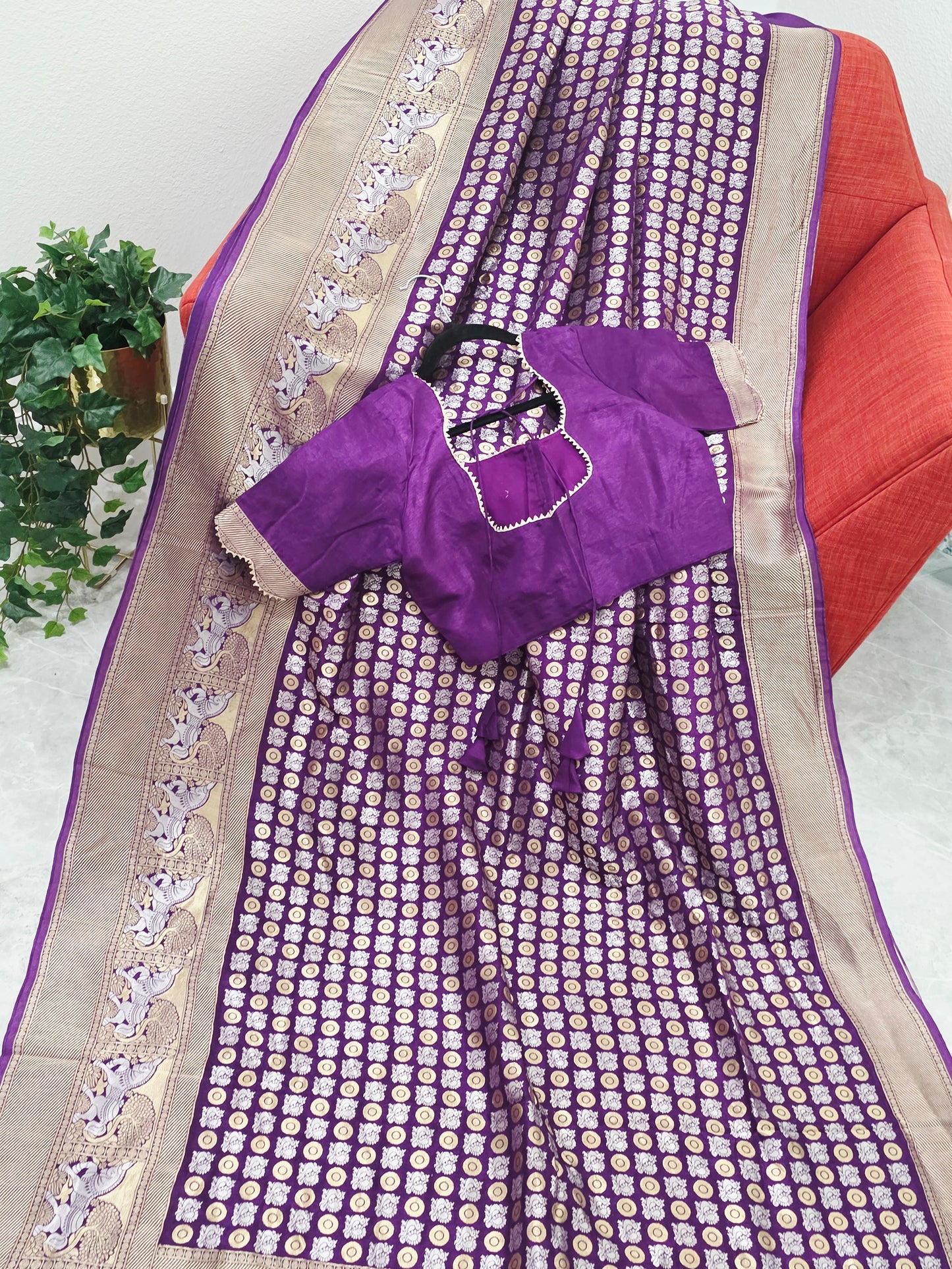 All-Over Peacock Butta Munga Crepe Silk Saree with Horse Woven Border | Purple | Stitched Blouse