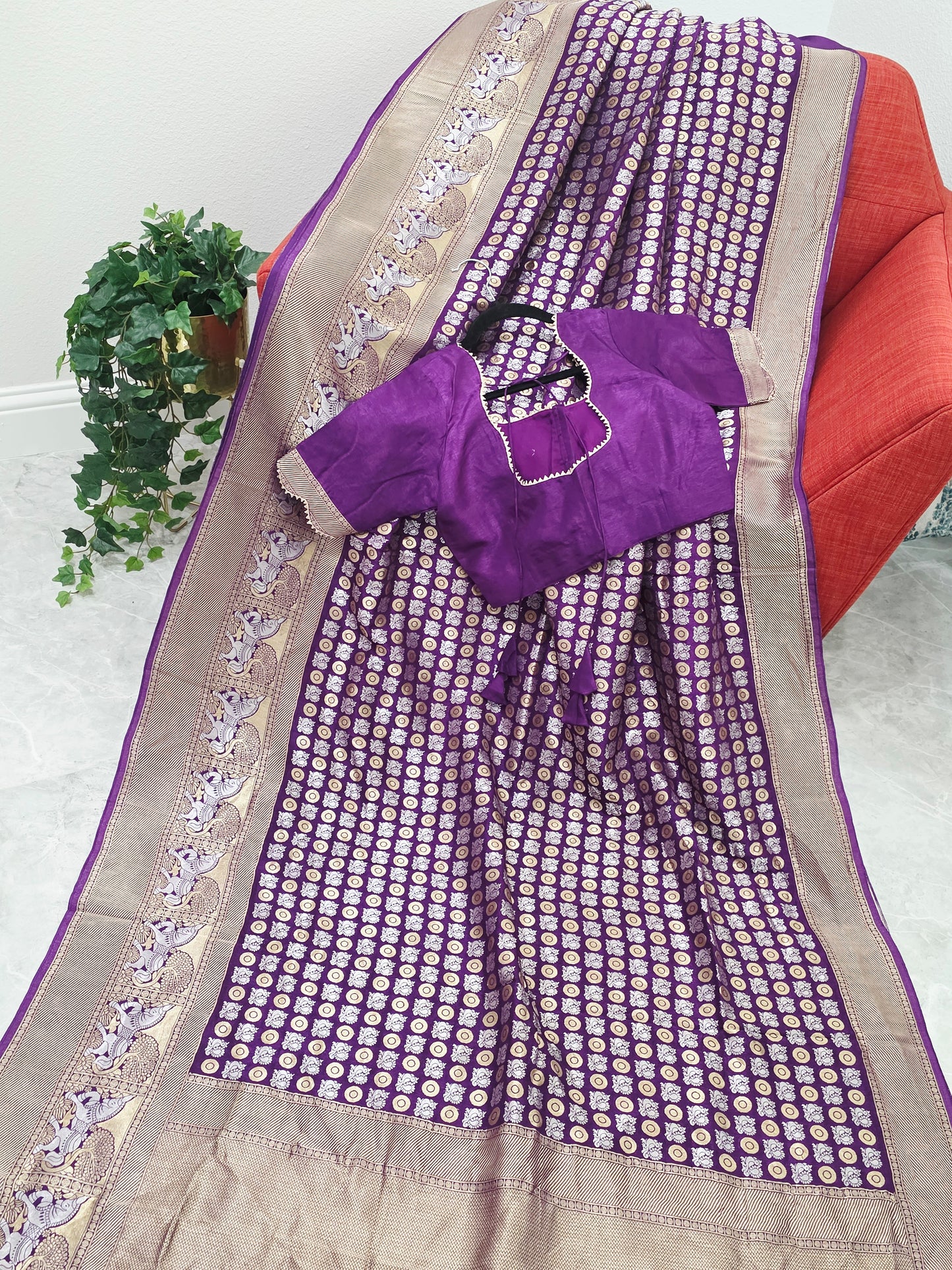 All-Over Peacock Butta Munga Crepe Silk Saree with Horse Woven Border | Purple | Stitched Blouse
