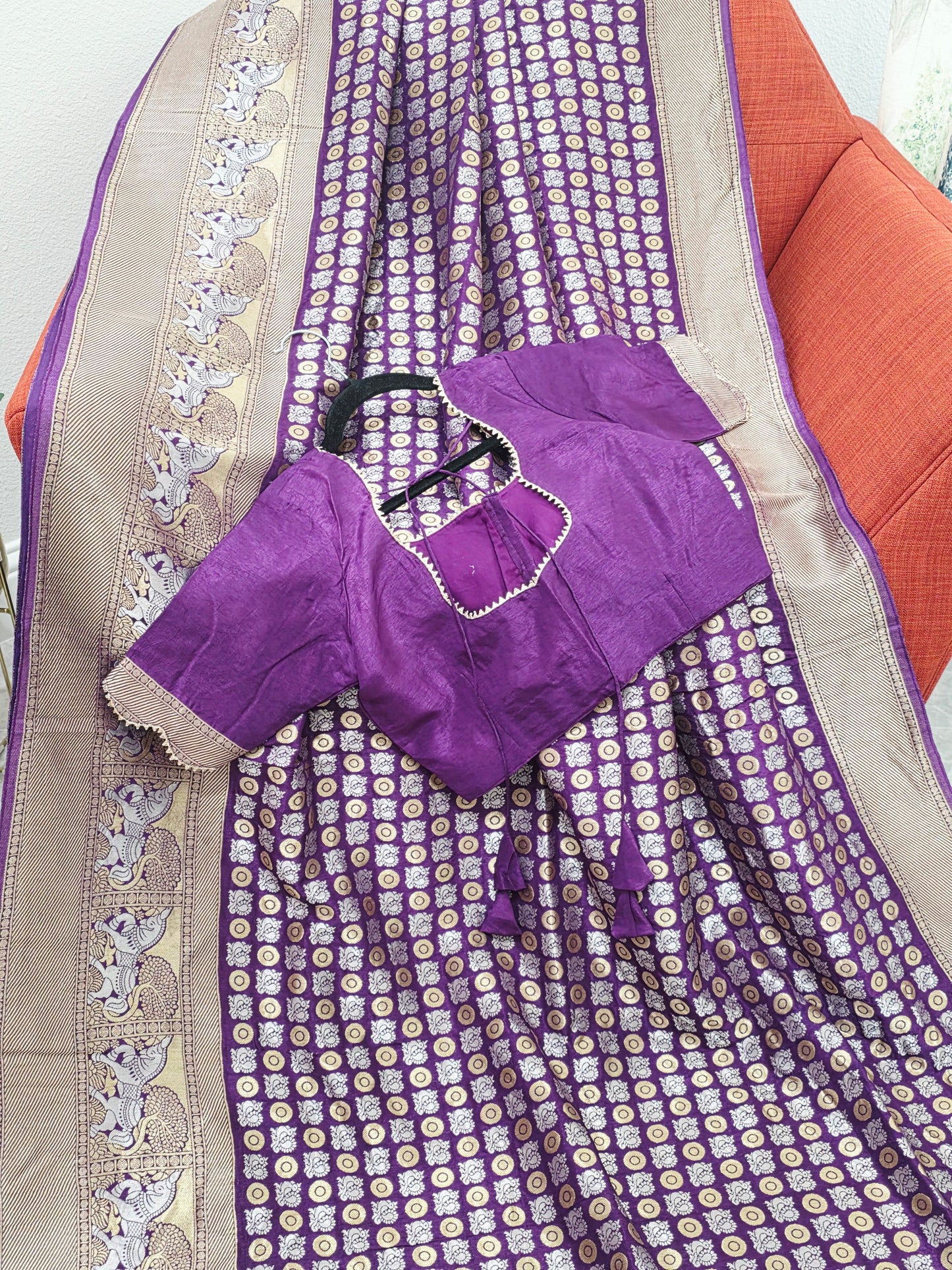 All-Over Peacock Butta Munga Crepe Silk Saree with Horse Woven Border | Purple | Stitched Blouse
