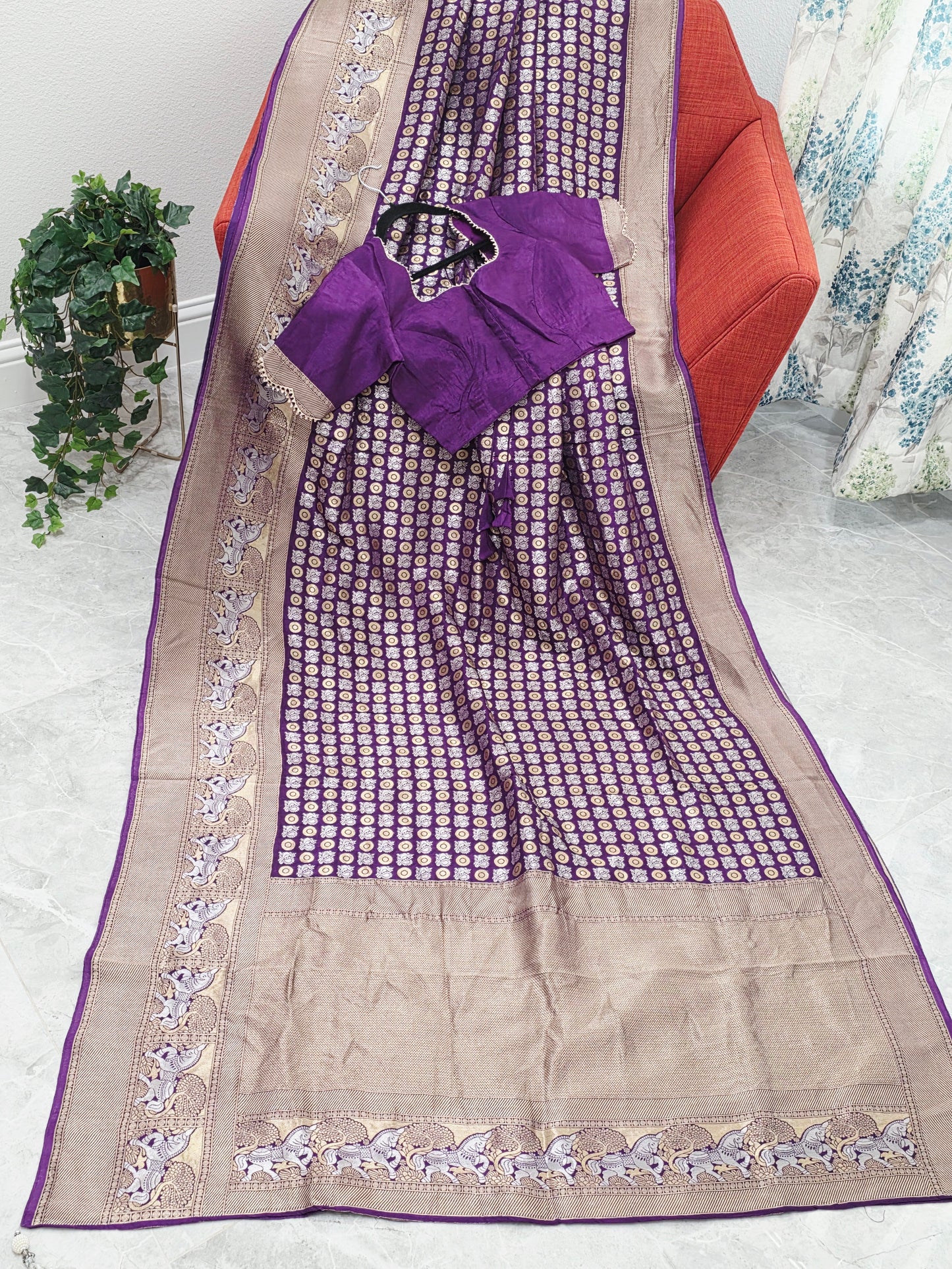 All-Over Peacock Butta Munga Crepe Silk Saree with Horse Woven Border | Purple | Stitched Blouse