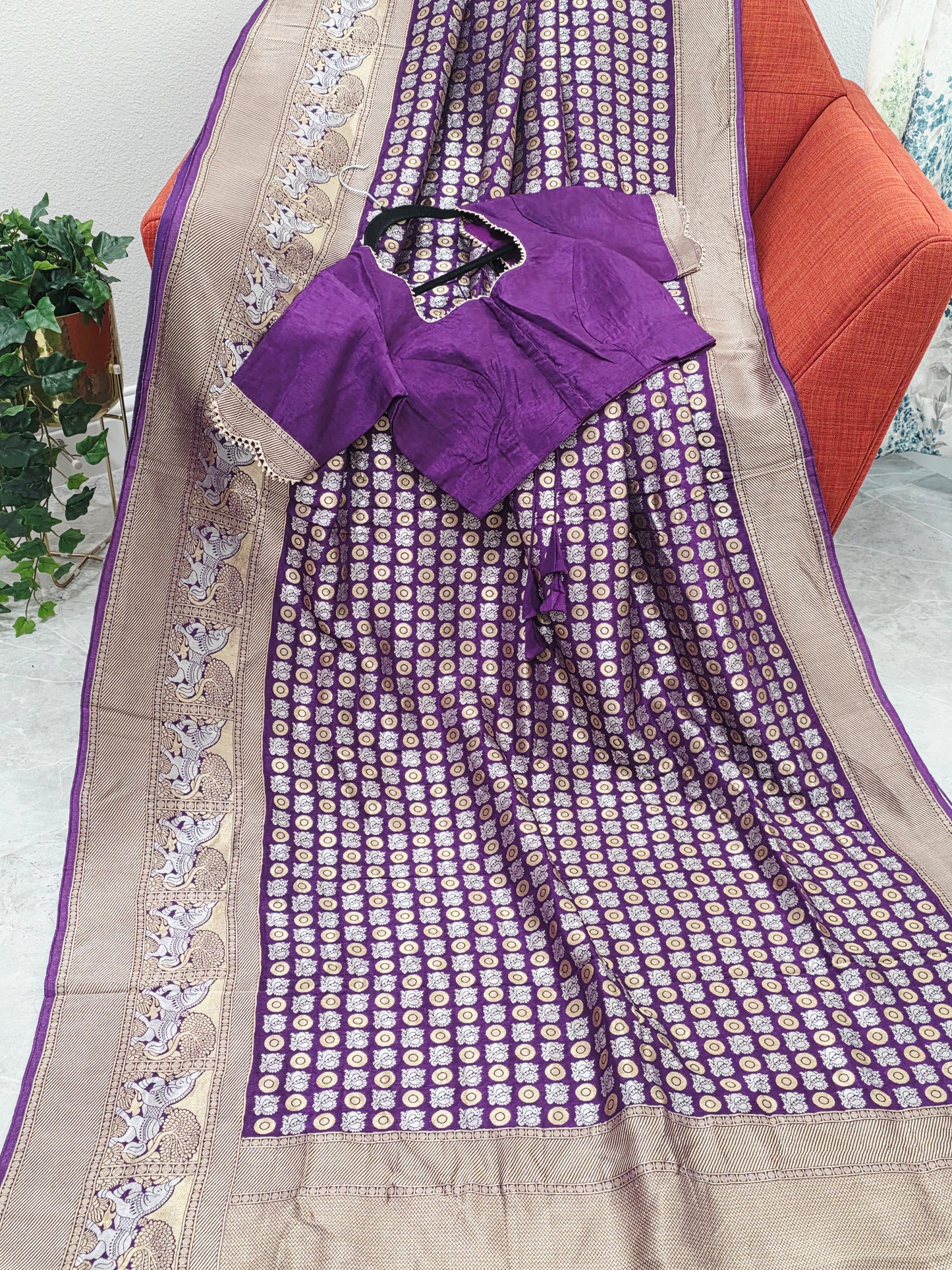 All-Over Peacock Butta Munga Crepe Silk Saree with Horse Woven Border | Purple | Stitched Blouse