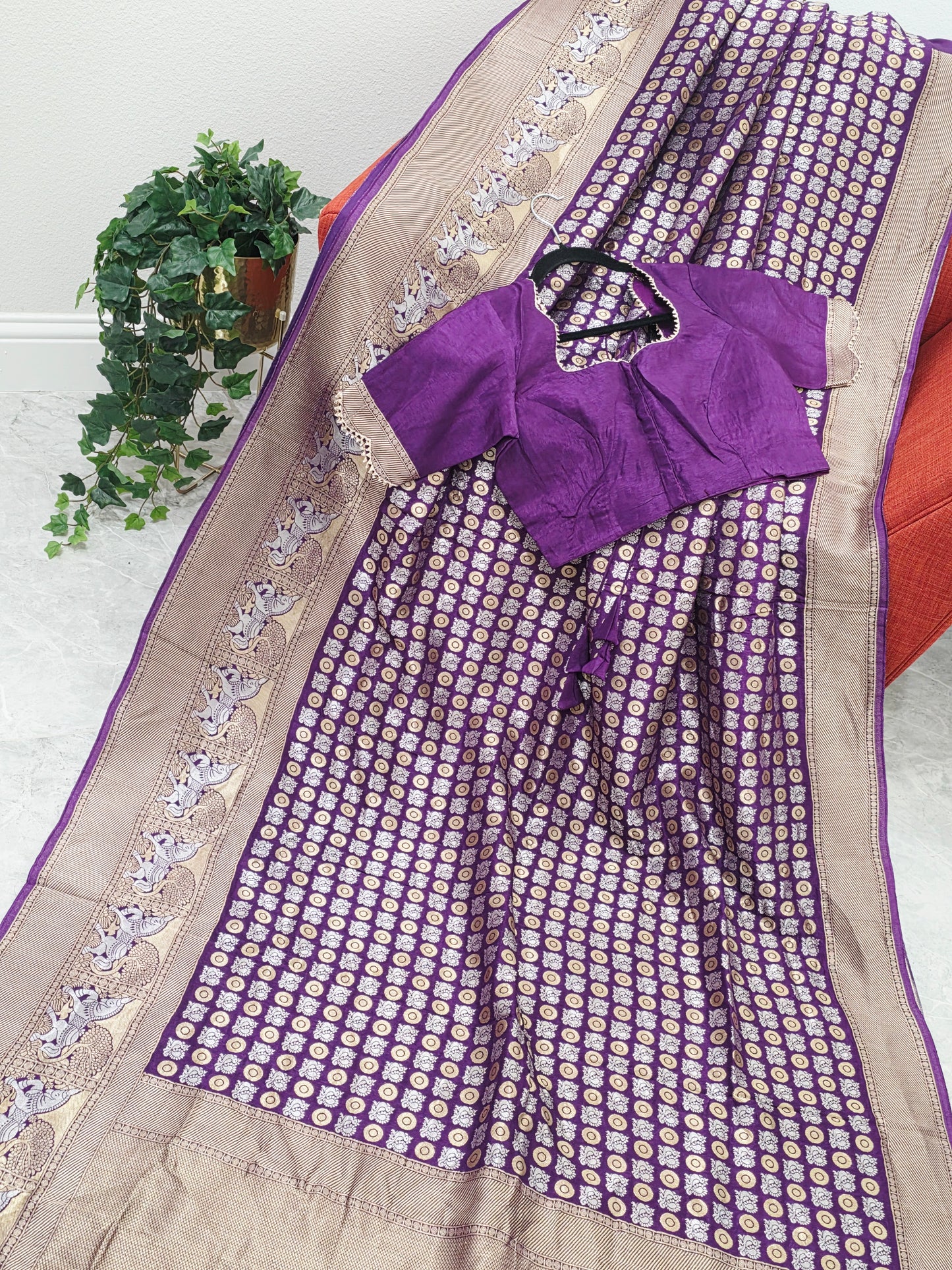 All-Over Peacock Butta Munga Crepe Silk Saree with Horse Woven Border | Purple | Stitched Blouse
