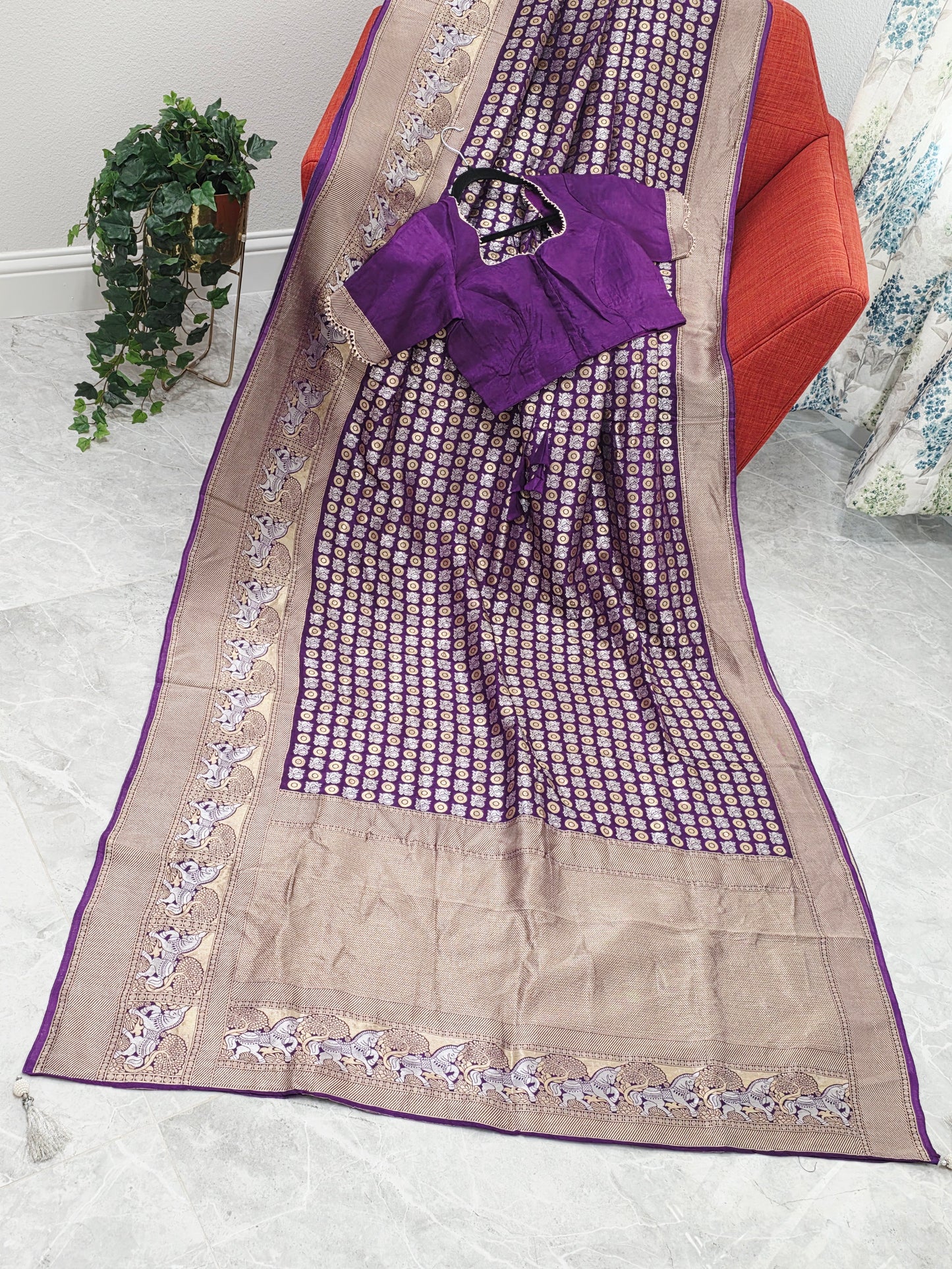 All-Over Peacock Butta Munga Crepe Silk Saree with Horse Woven Border | Purple | Stitched Blouse
