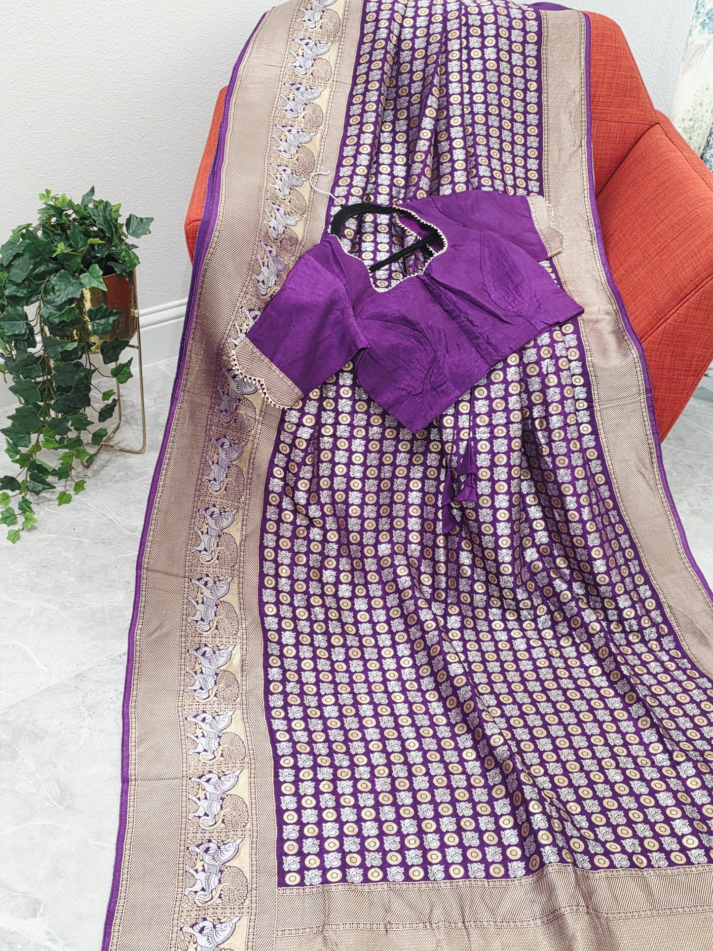 All-Over Peacock Butta Munga Crepe Silk Saree with Horse Woven Border | Purple | Stitched Blouse