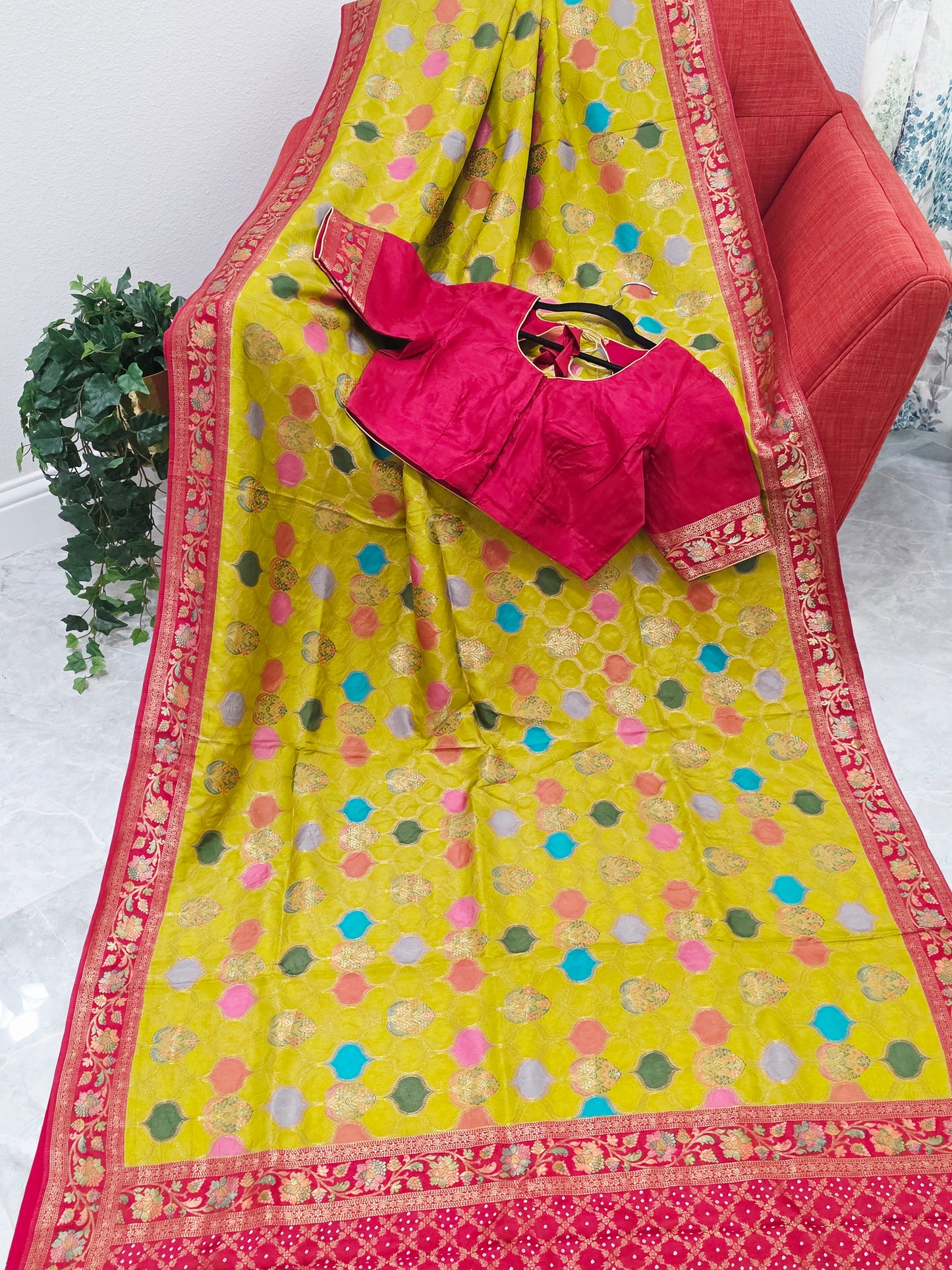 Benarasi Soft Silk Mustard Yellow Saree with Multicolor Butta & Red Zari Border - Stitched Blouse