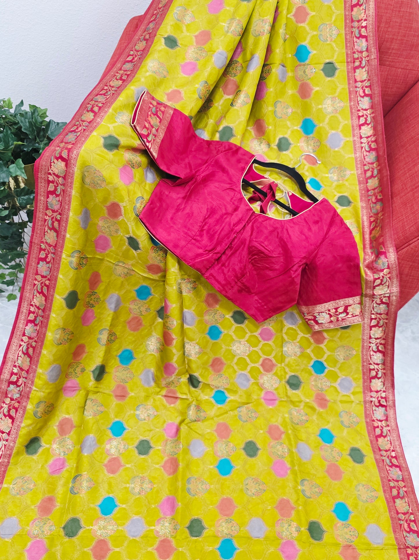 Benarasi Soft Silk Mustard Yellow Saree with Multicolor Butta & Red Zari Border - Stitched Blouse