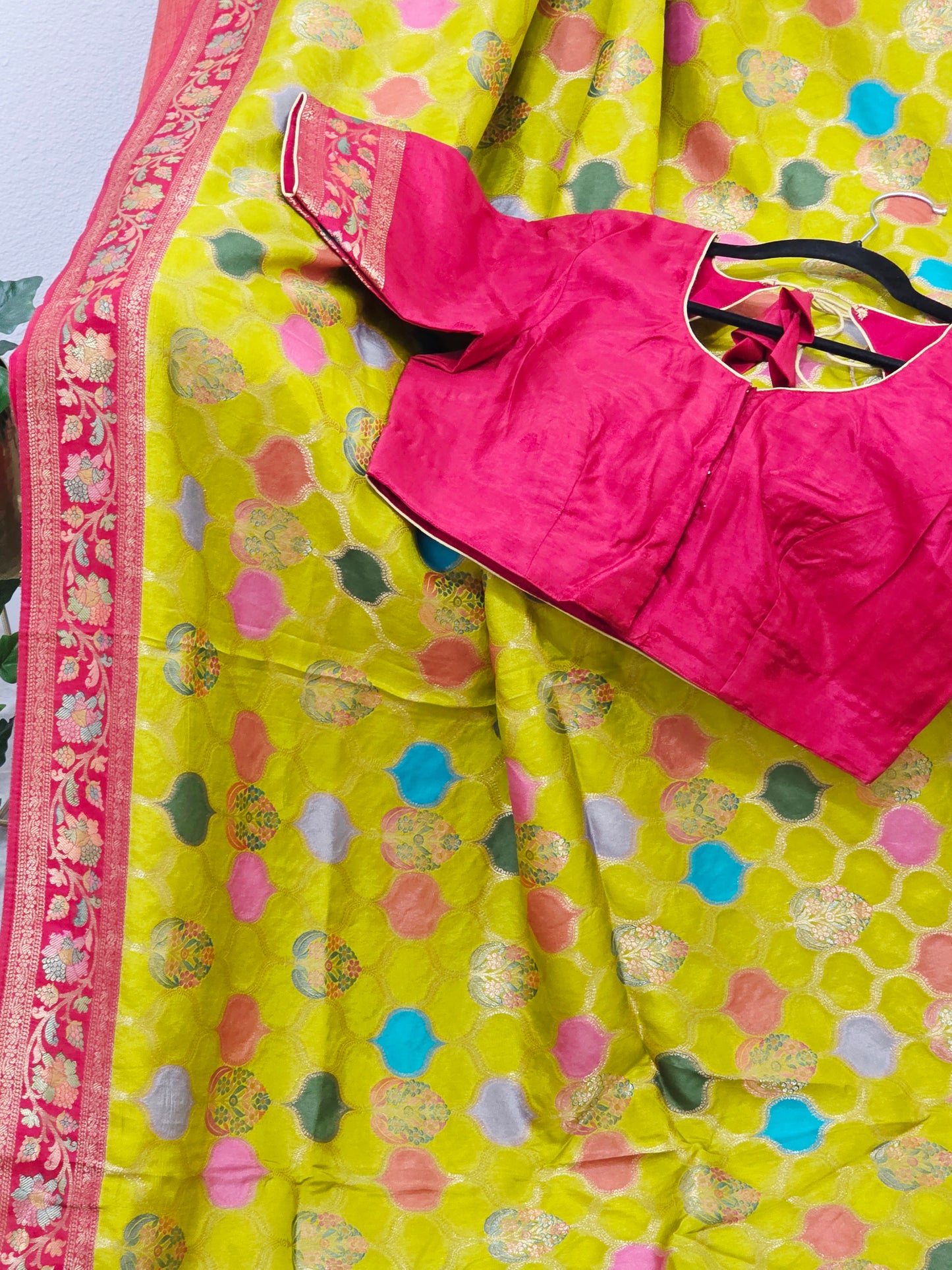 Benarasi Soft Silk Mustard Yellow Saree with Multicolor Butta & Red Zari Border - Stitched Blouse
