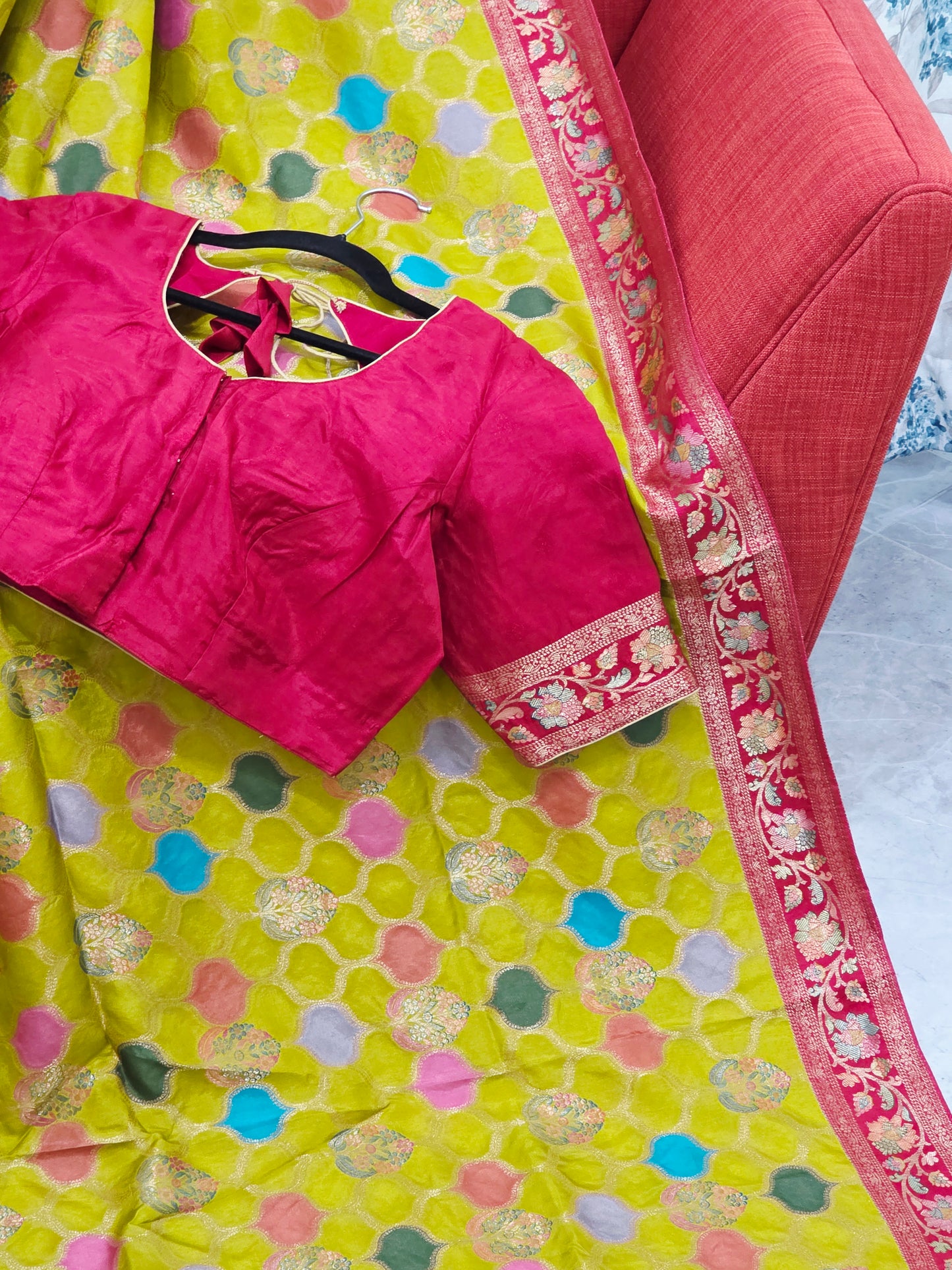 Benarasi Soft Silk Mustard Yellow Saree with Multicolor Butta & Red Zari Border - Stitched Blouse