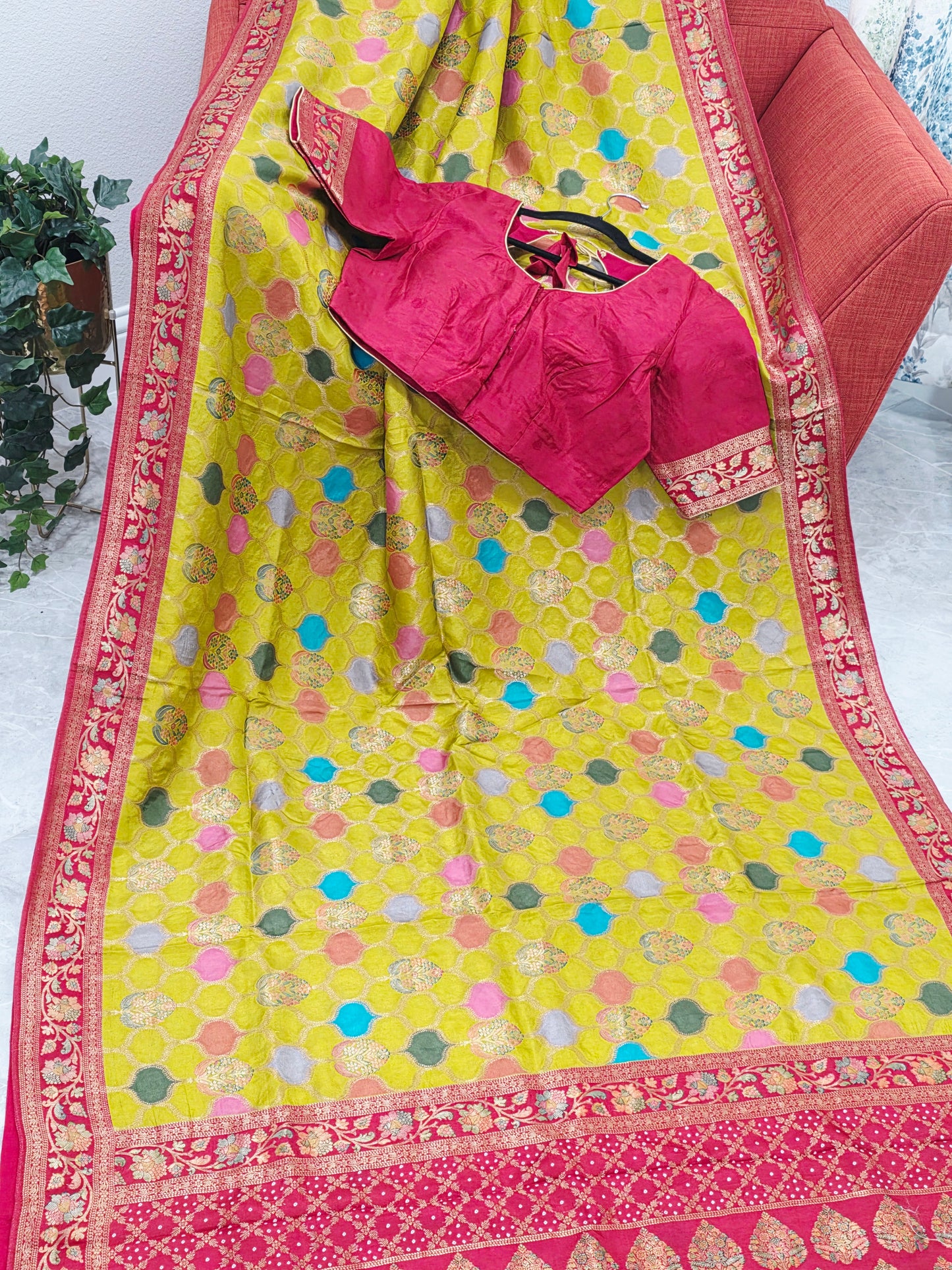 Benarasi Soft Silk Mustard Yellow Saree with Multicolor Butta & Red Zari Border - Stitched Blouse