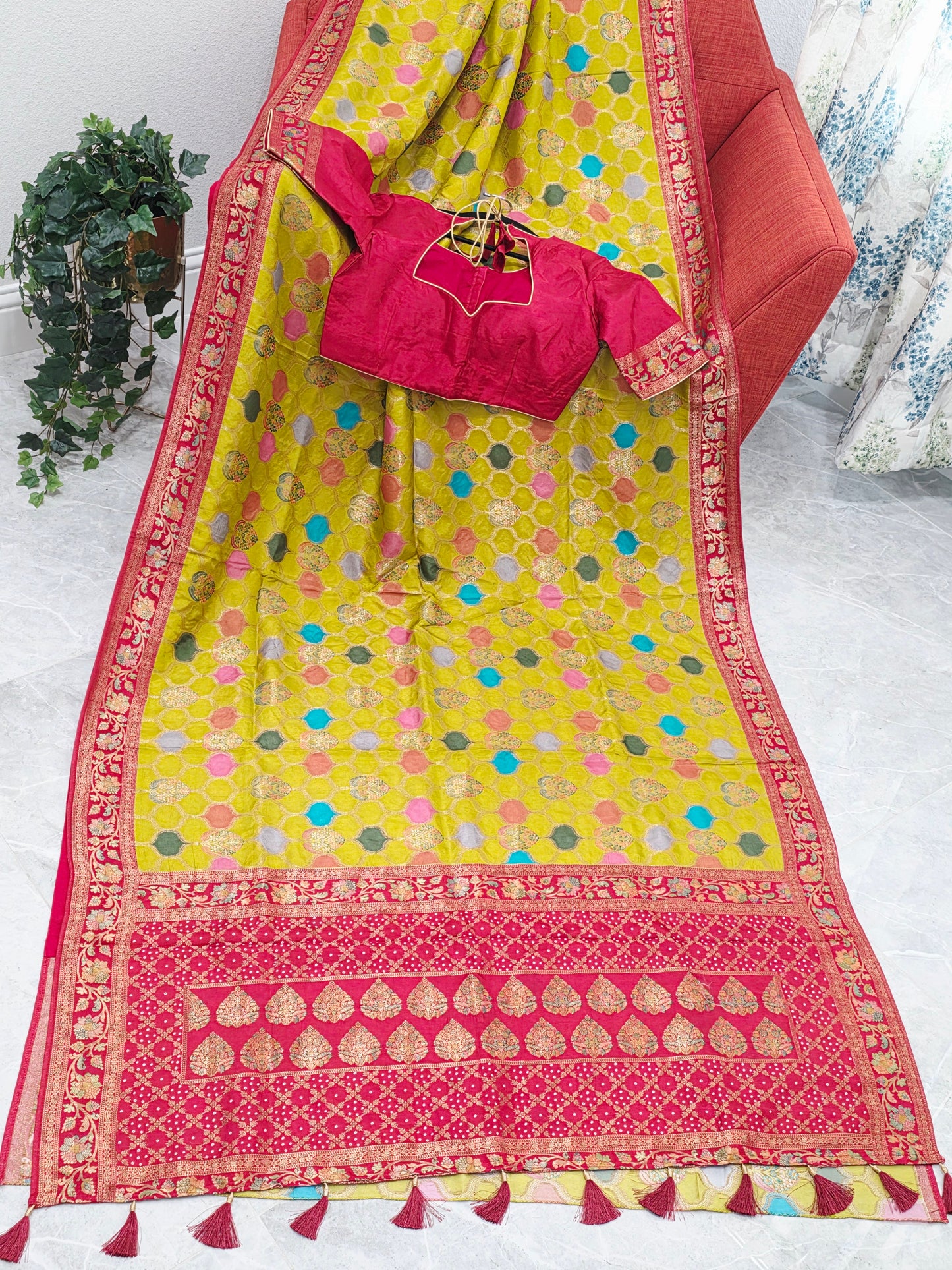 Benarasi Soft Silk Mustard Yellow Saree with Multicolor Butta & Red Zari Border - Stitched Blouse