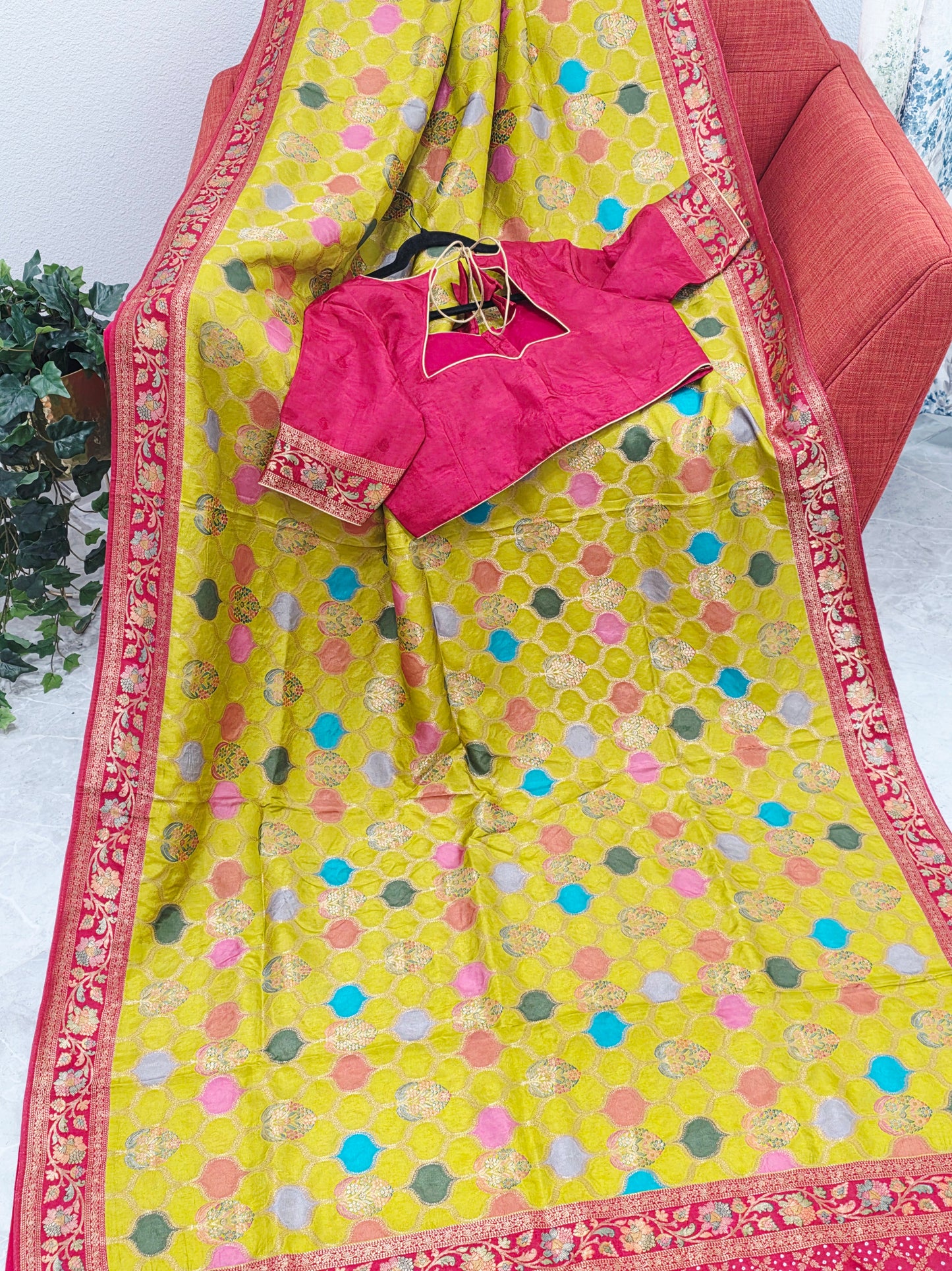 Benarasi Soft Silk Mustard Yellow Saree with Multicolor Butta & Red Zari Border - Stitched Blouse