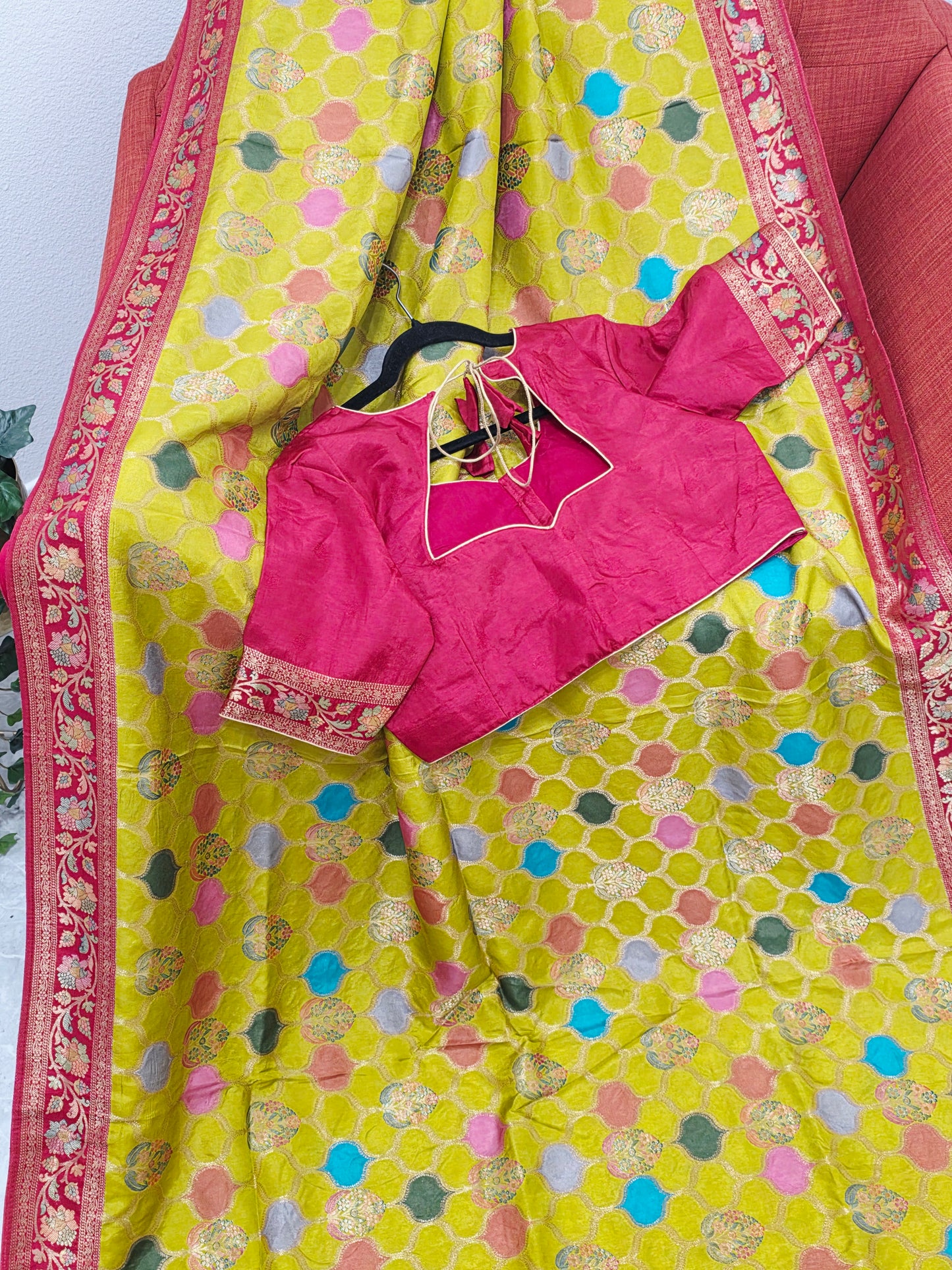 Benarasi Soft Silk Mustard Yellow Saree with Multicolor Butta & Red Zari Border - Stitched Blouse
