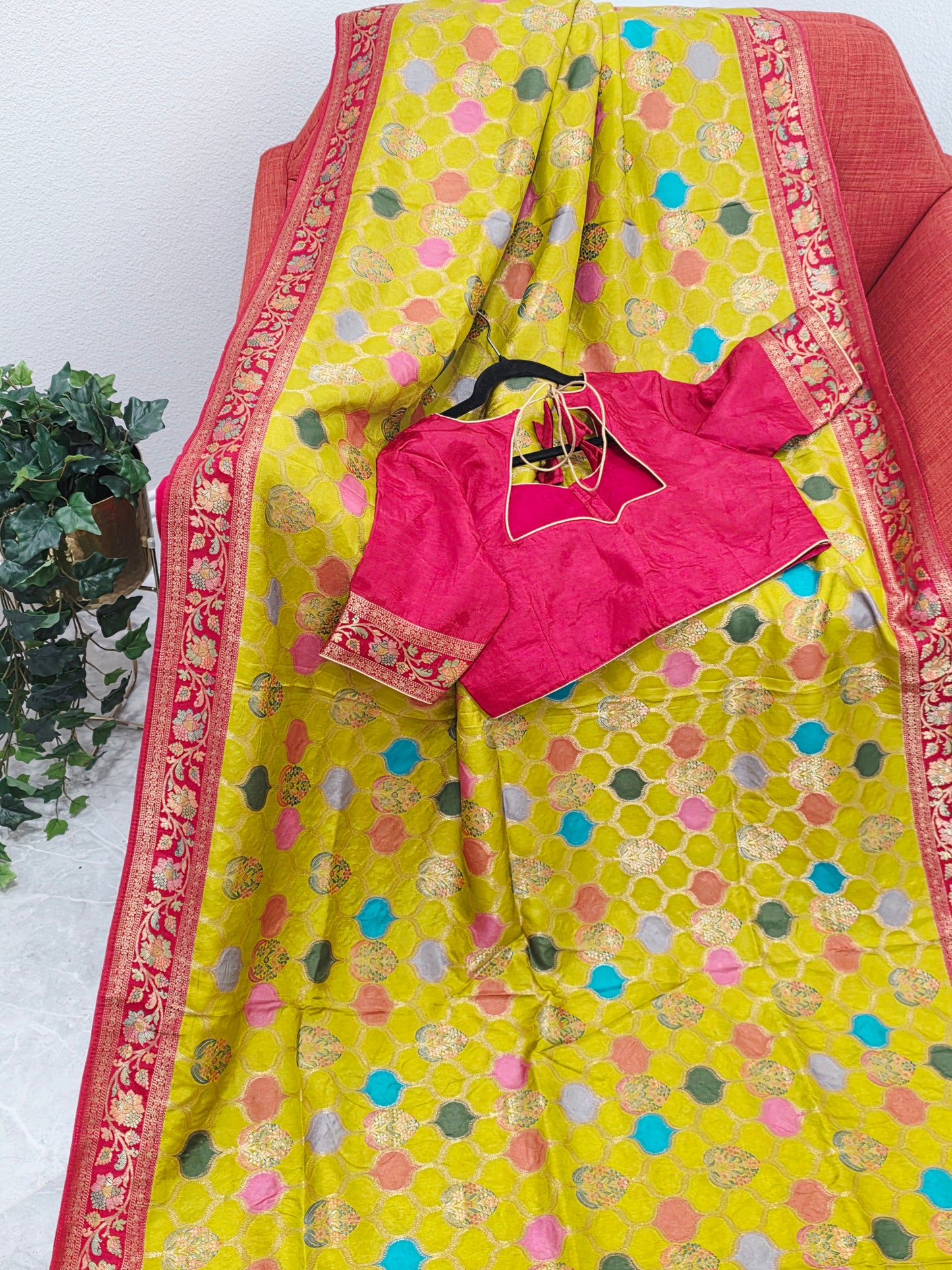 Benarasi Soft Silk Mustard Yellow Saree with Multicolor Butta & Red Zari Border - Stitched Blouse