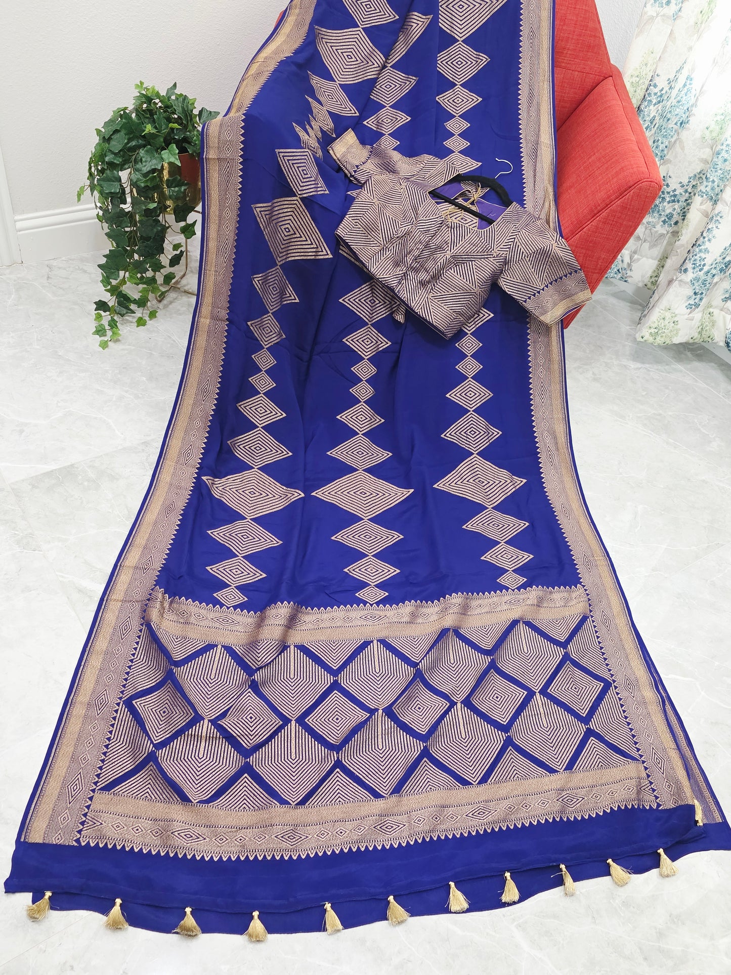 Pure Crepe Khaddi Georgette Saree with Antique Zari & Stitched Blouse