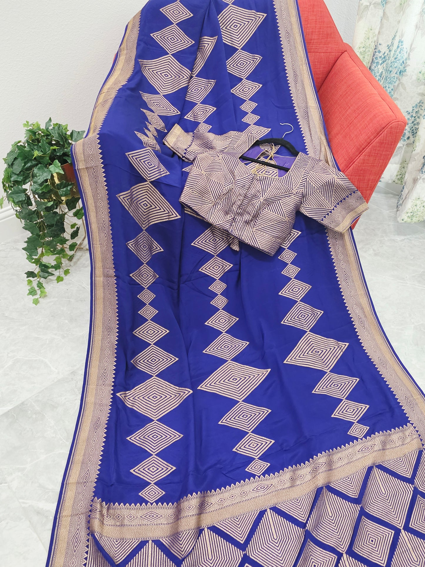 Pure Crepe Khaddi Georgette Saree with Antique Zari & Stitched Blouse