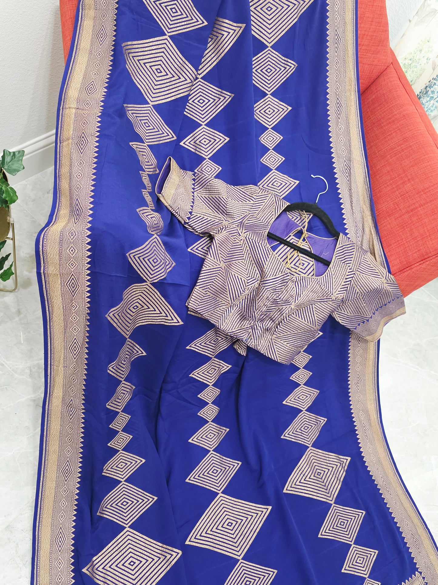 Pure Crepe Khaddi Georgette Saree with Antique Zari & Stitched Blouse