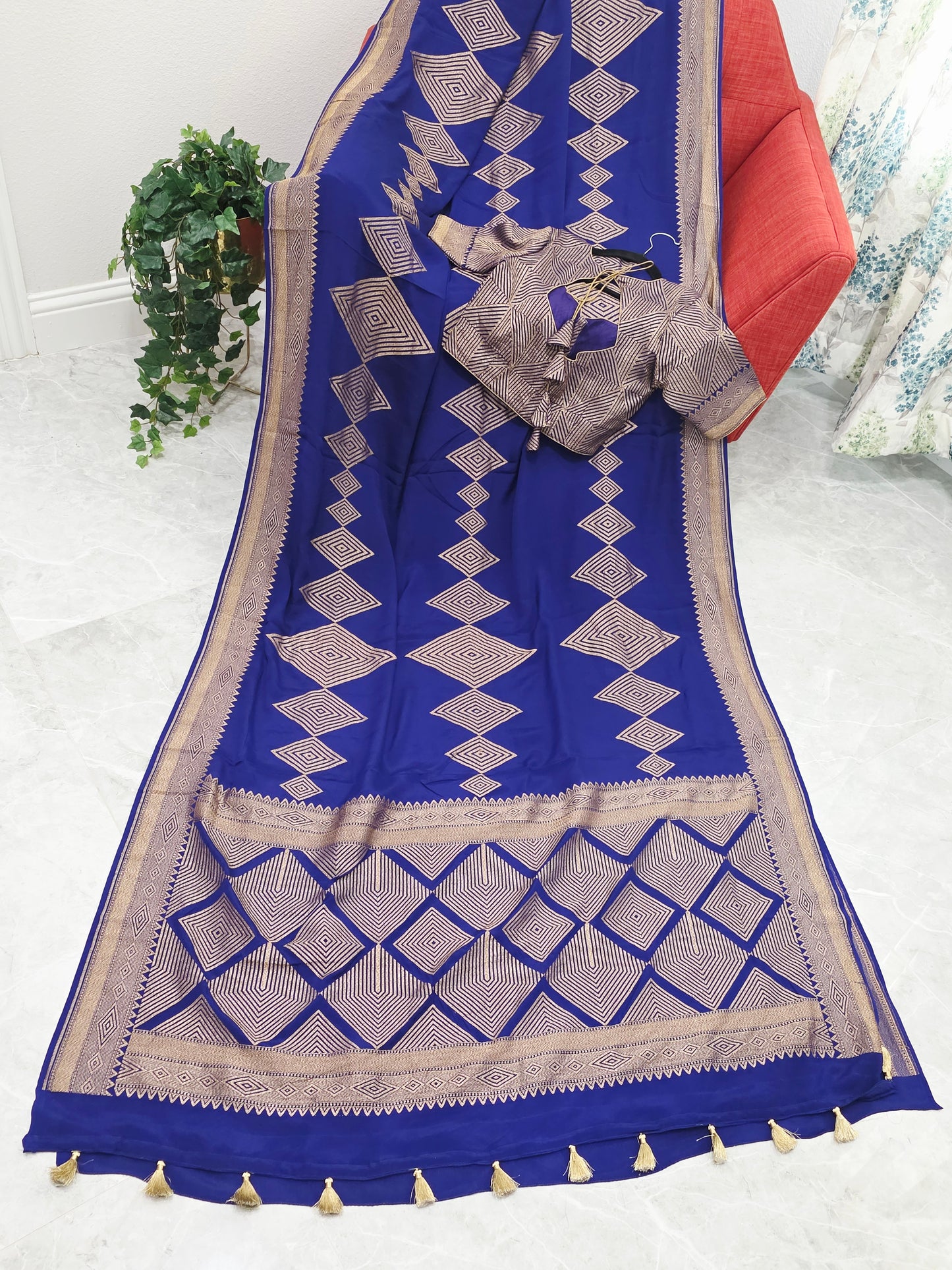 Pure Crepe Khaddi Georgette Saree with Antique Zari & Stitched Blouse