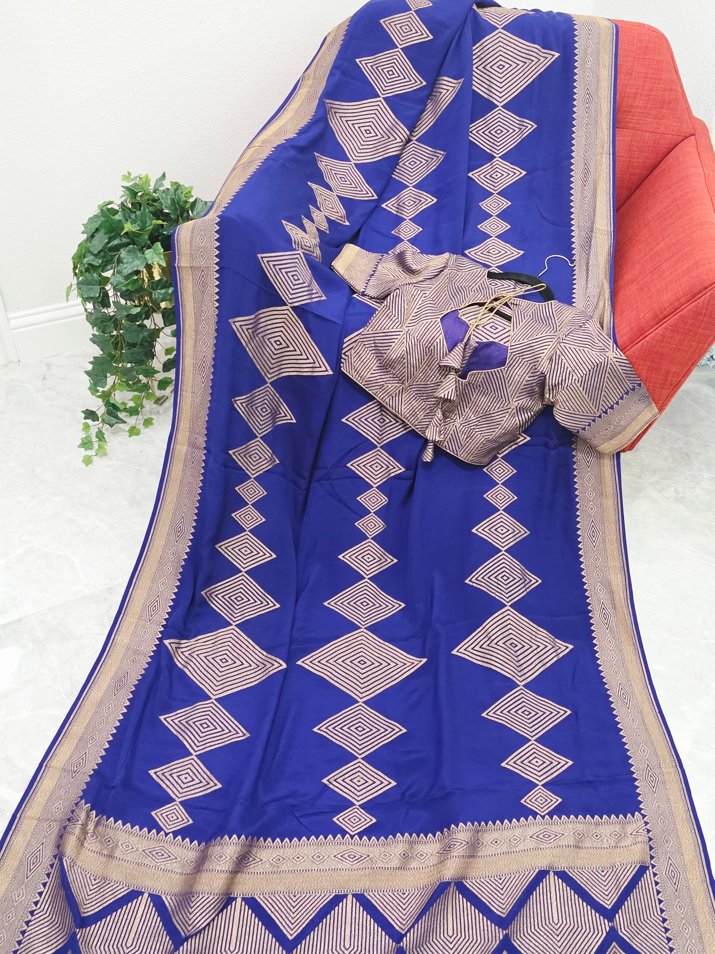 Pure Crepe Khaddi Georgette Saree with Antique Zari & Stitched Blouse