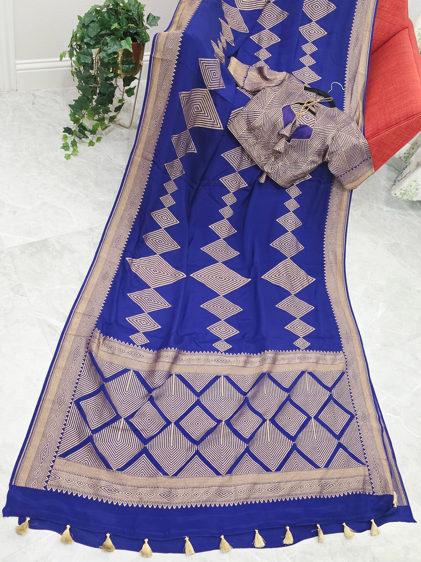 Pure Crepe Khaddi Georgette Saree with Antique Zari & Stitched Blouse