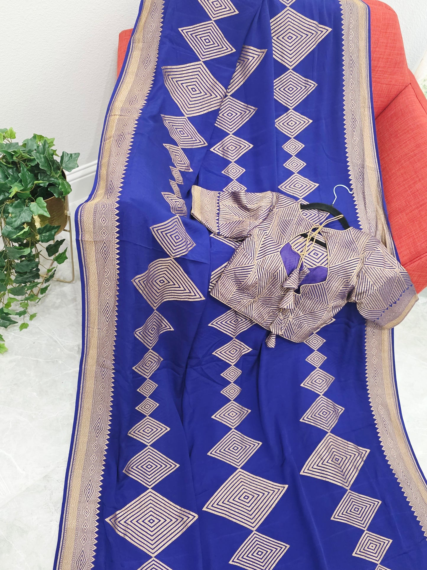 Pure Crepe Khaddi Georgette Saree with Antique Zari & Stitched Blouse